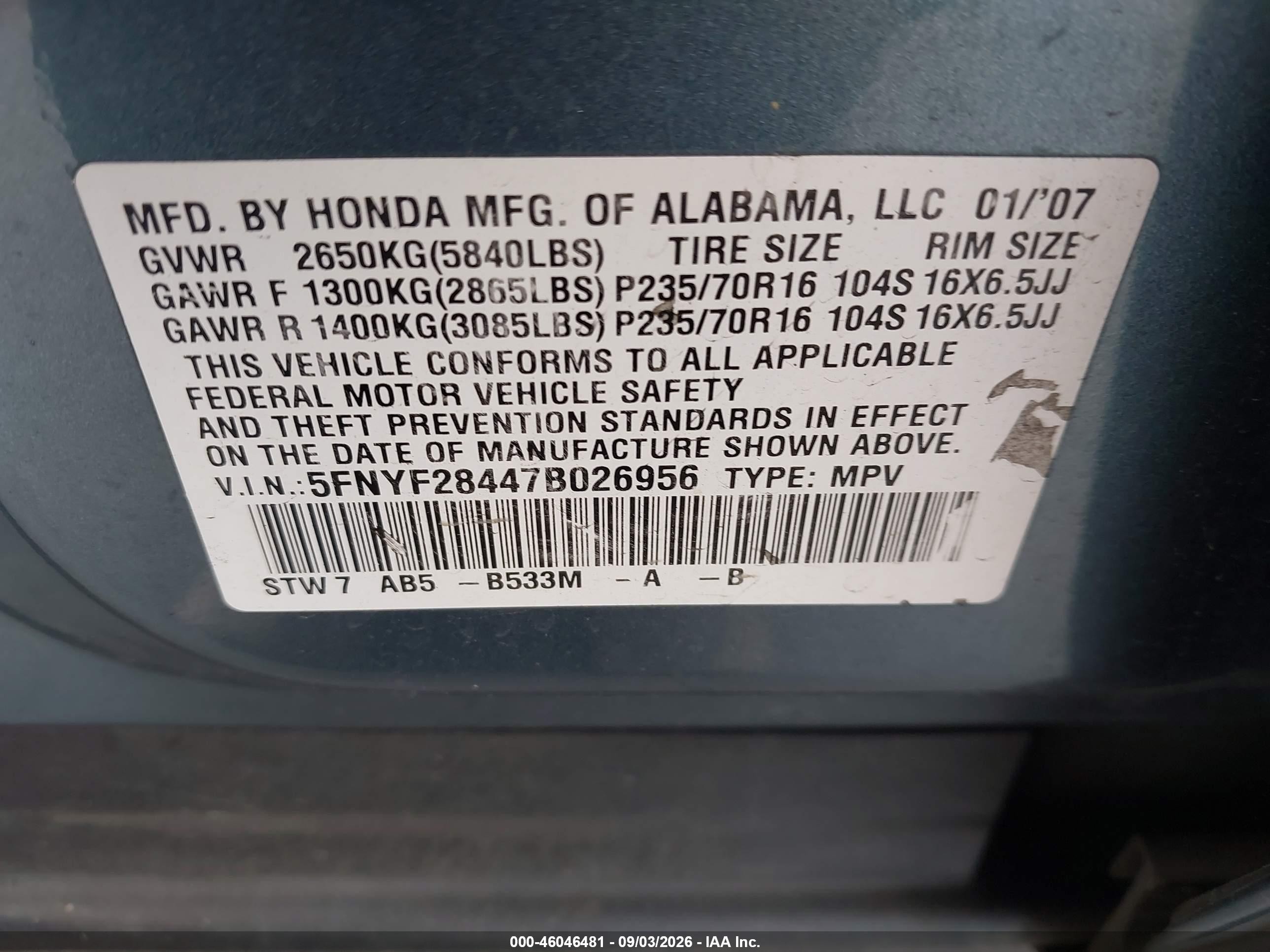 2007 Honda Pilot Ex Blue vin: 5FNYF28447B026956