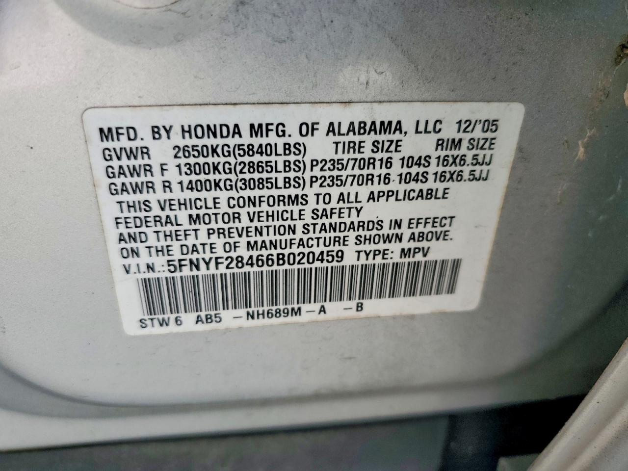 2006 Honda Pilot Ex Silver vin: 5FNYF28466B020459