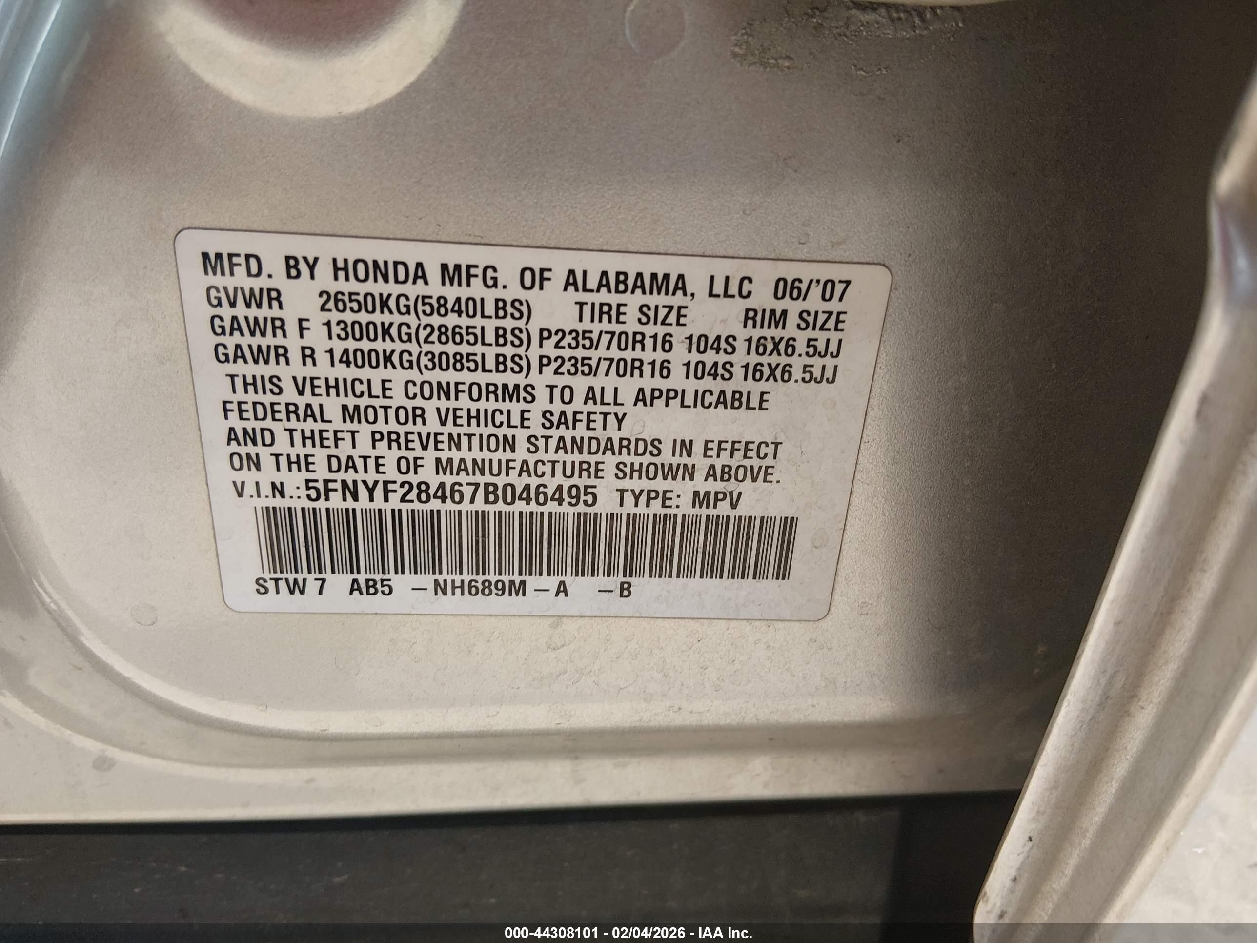 2007 Honda Pilot Ex Серебряный vin: 5FNYF28467B046495