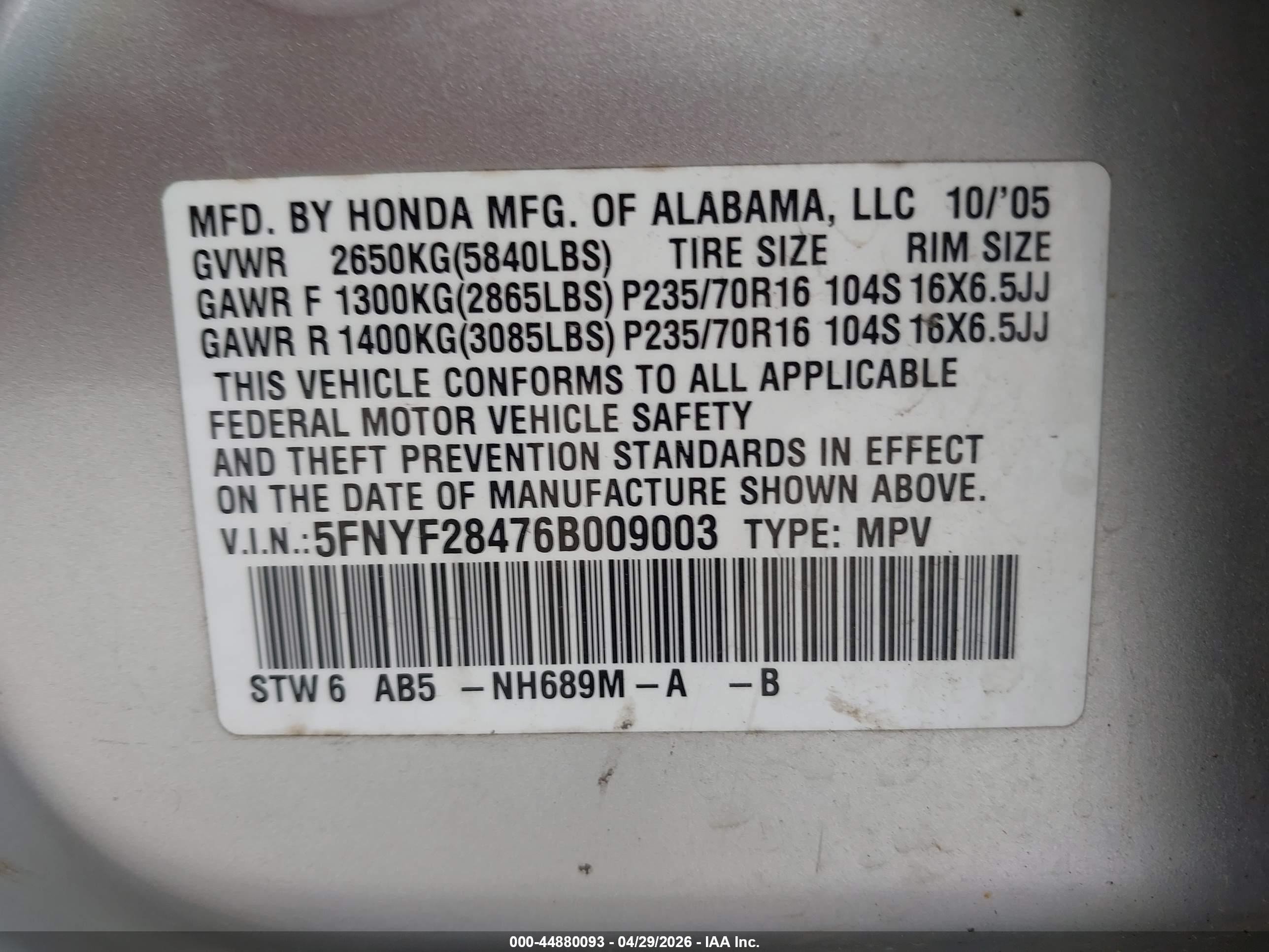2006 Honda Pilot Ex Silver vin: 5FNYF28476B009003