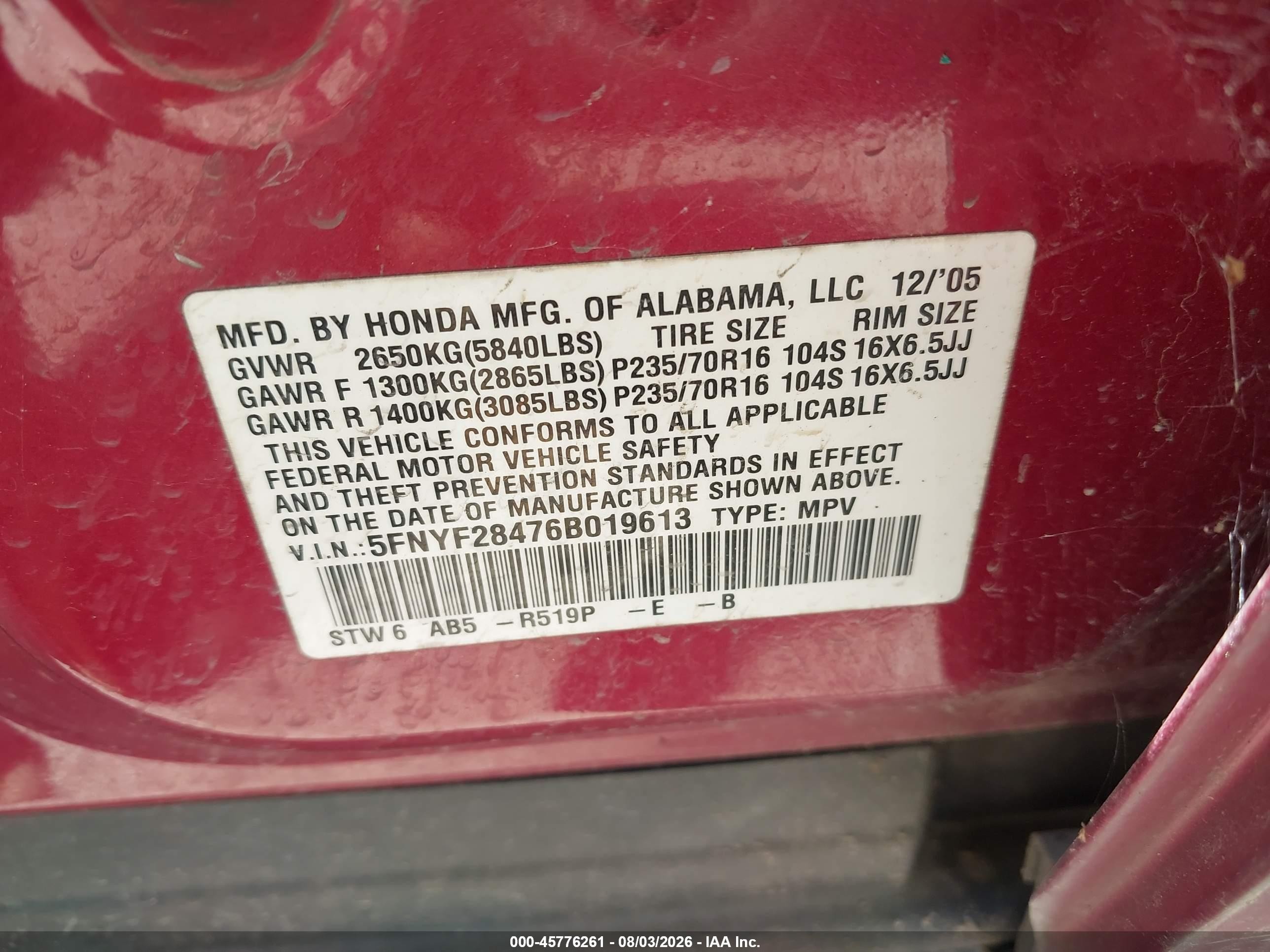 2006 Honda Pilot Ex Burgundy vin: 5FNYF28476B019613