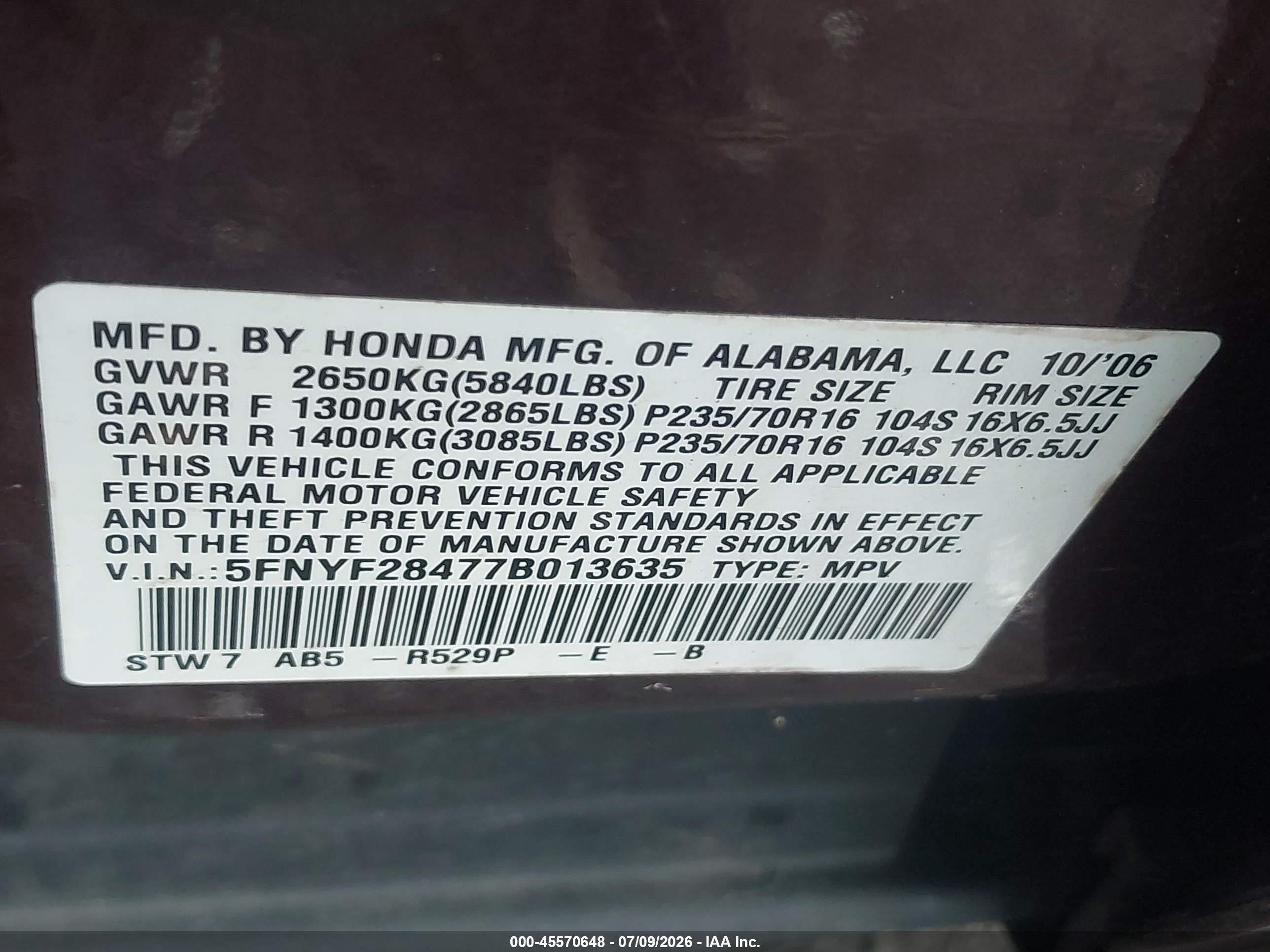 2007 Honda Pilot Ex Burgundy vin: 5FNYF28477B013635
