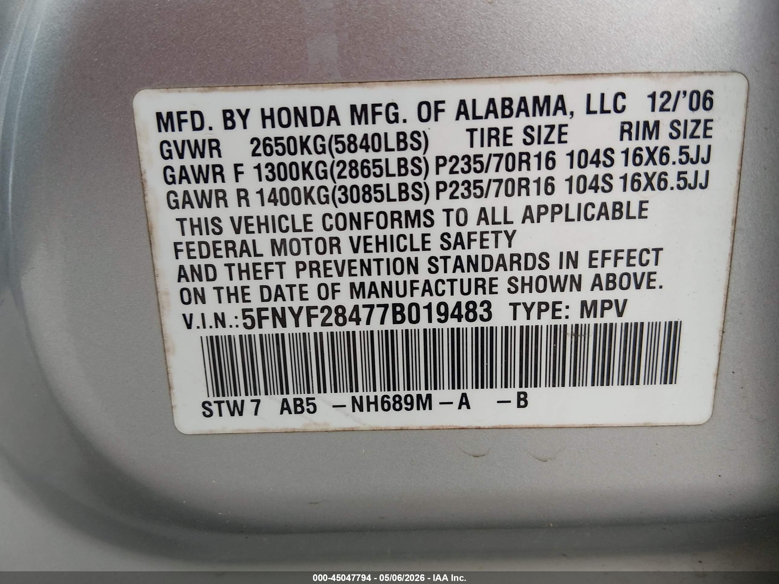 2007 Honda Pilot Ex Silver vin: 5FNYF28477B019483