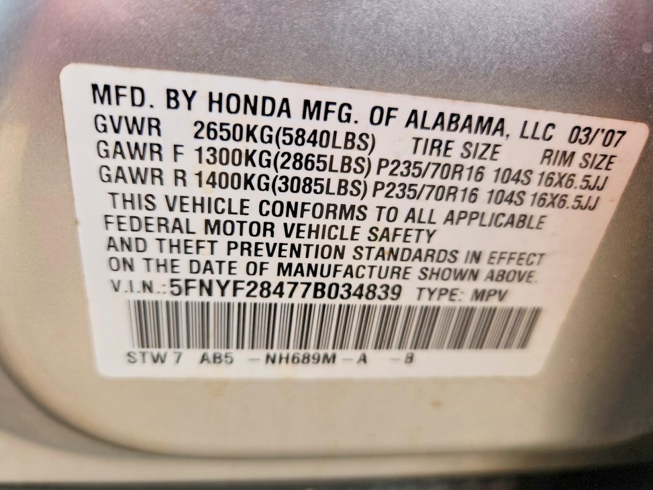 2007 Honda Pilot Ex Silver vin: 5FNYF28477B034839