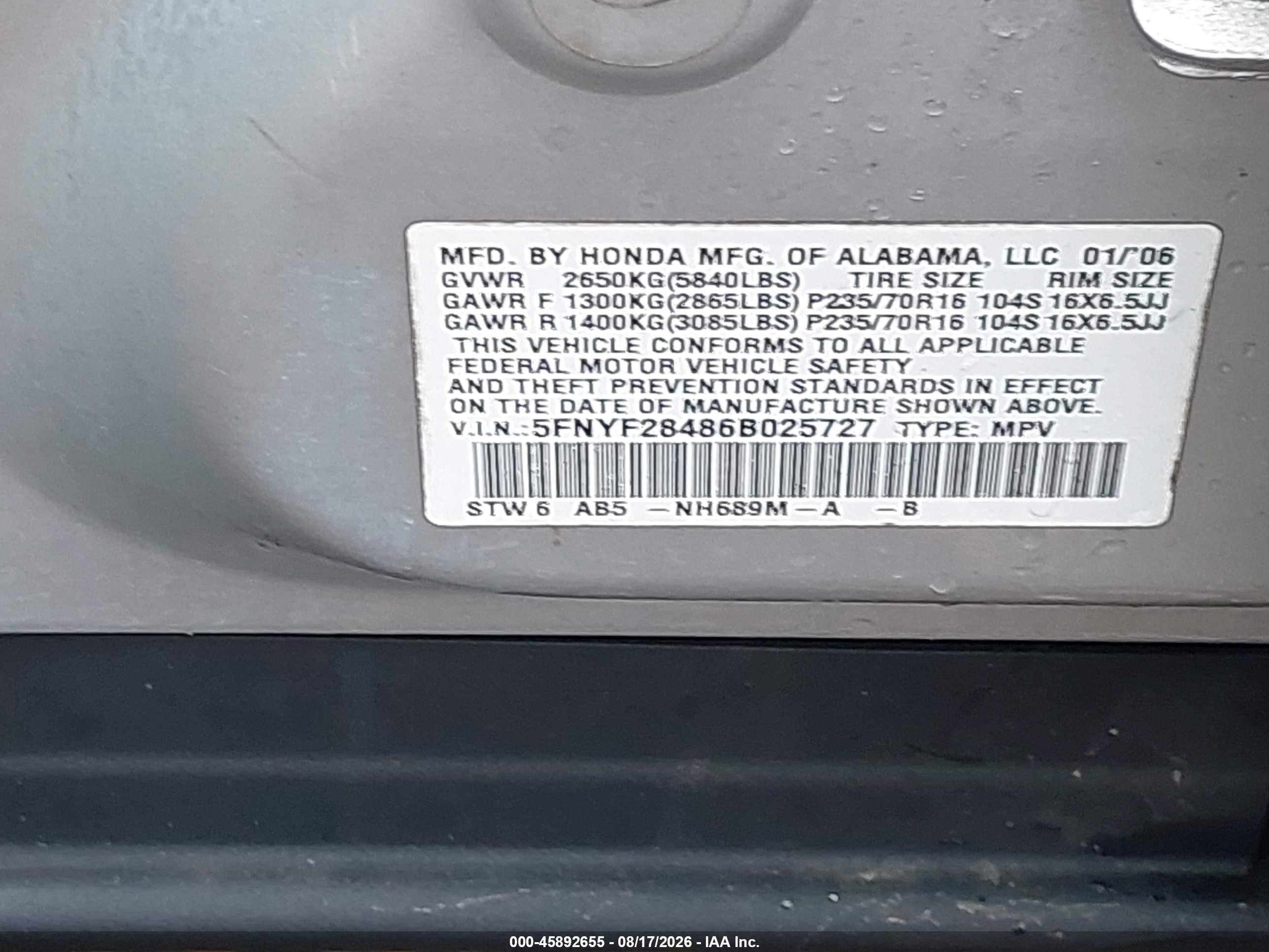 2006 Honda Pilot Ex Silver vin: 5FNYF28486B025727