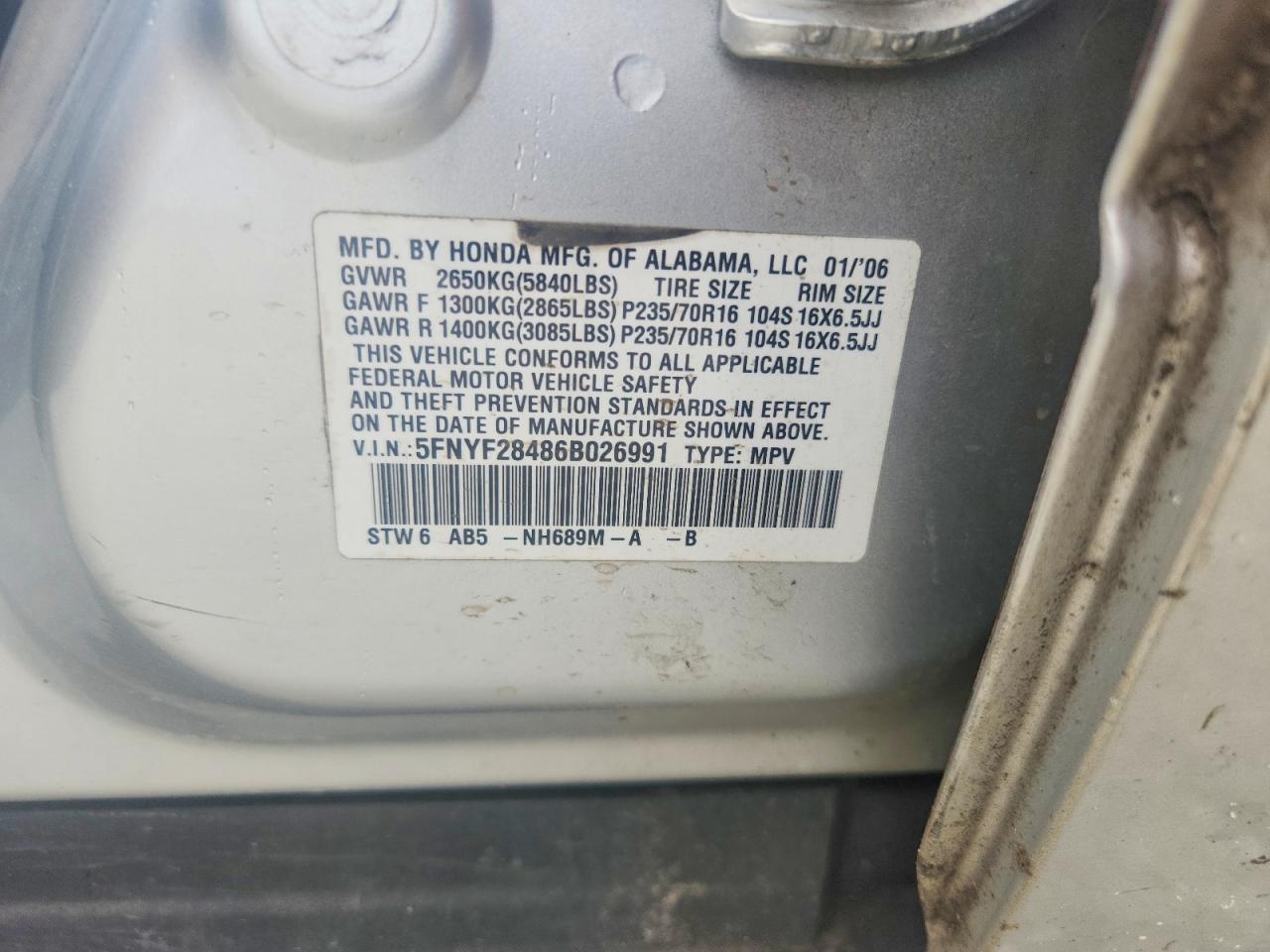 2006 Honda Pilot Ex Silver vin: 5FNYF28486B026991