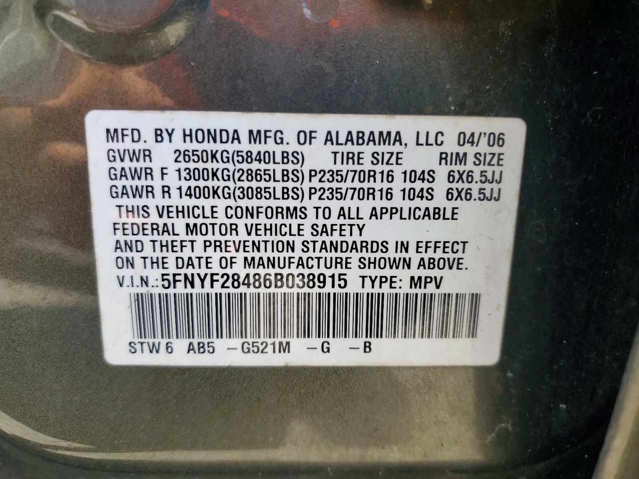 2006 Honda Pilot Ex Green vin: 5FNYF28486B038915