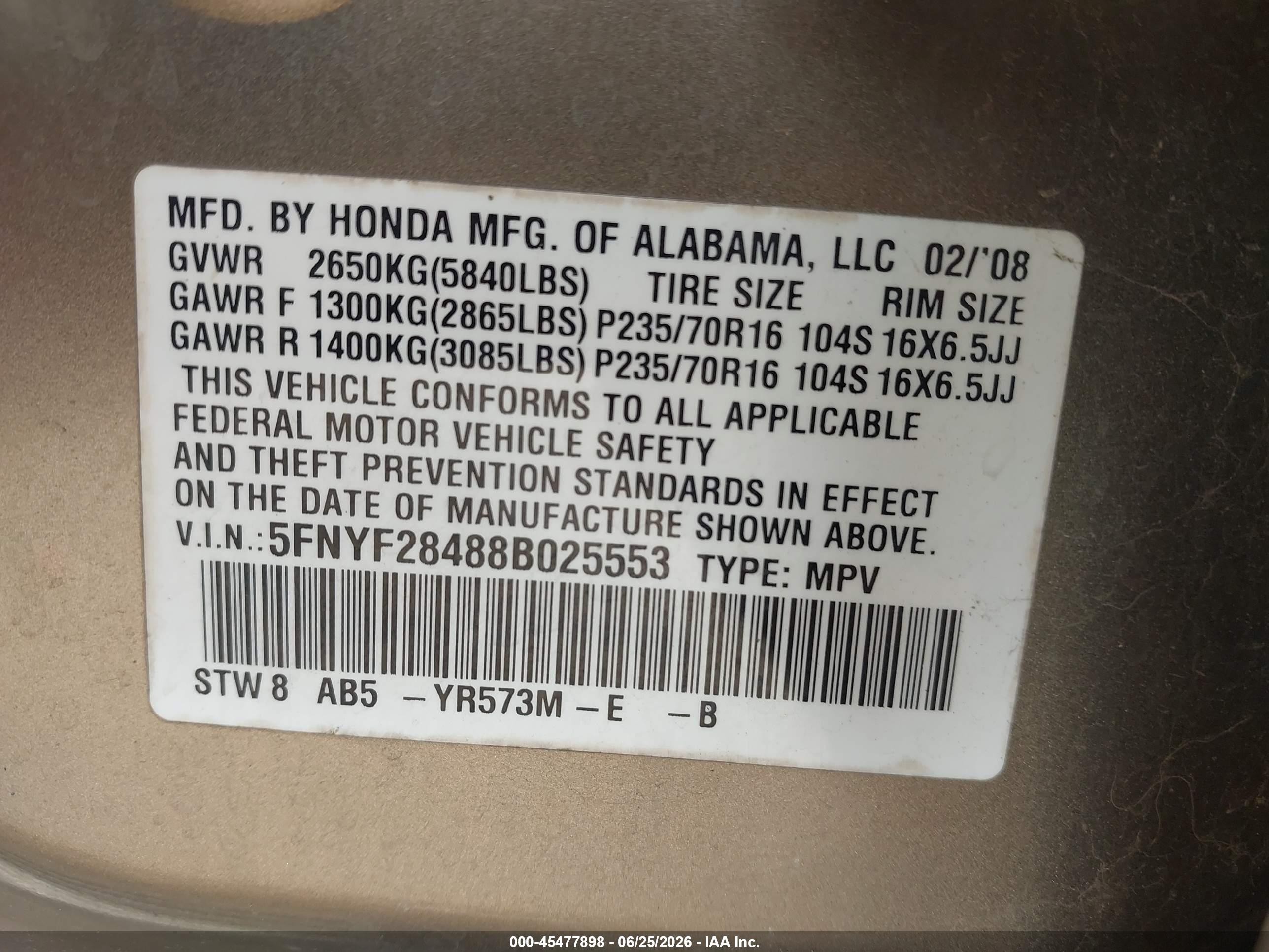 2008 Honda Pilot Ex Beige vin: 5FNYF28488B025553