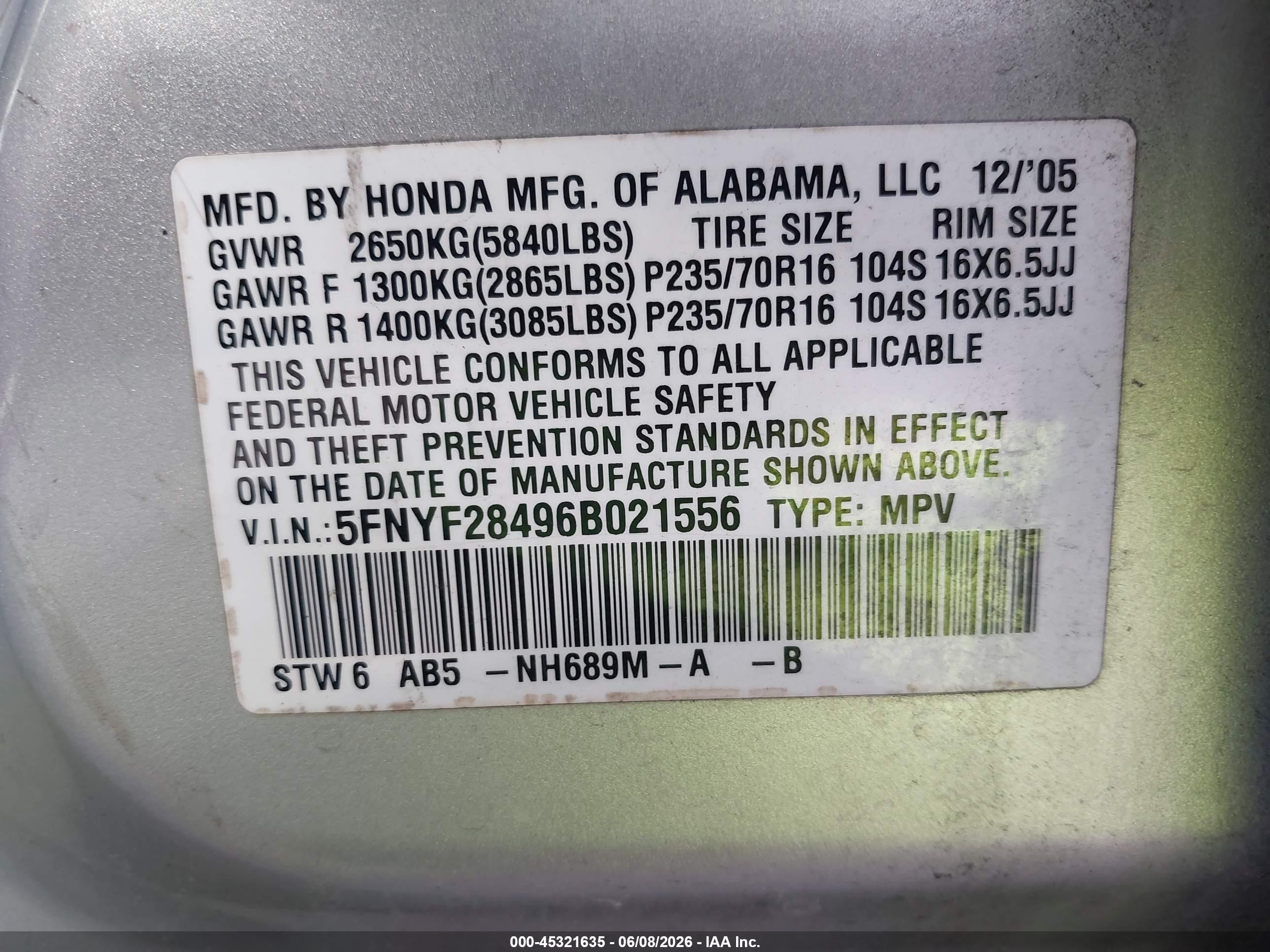 2006 Honda Pilot Ex Silver vin: 5FNYF28496B021556