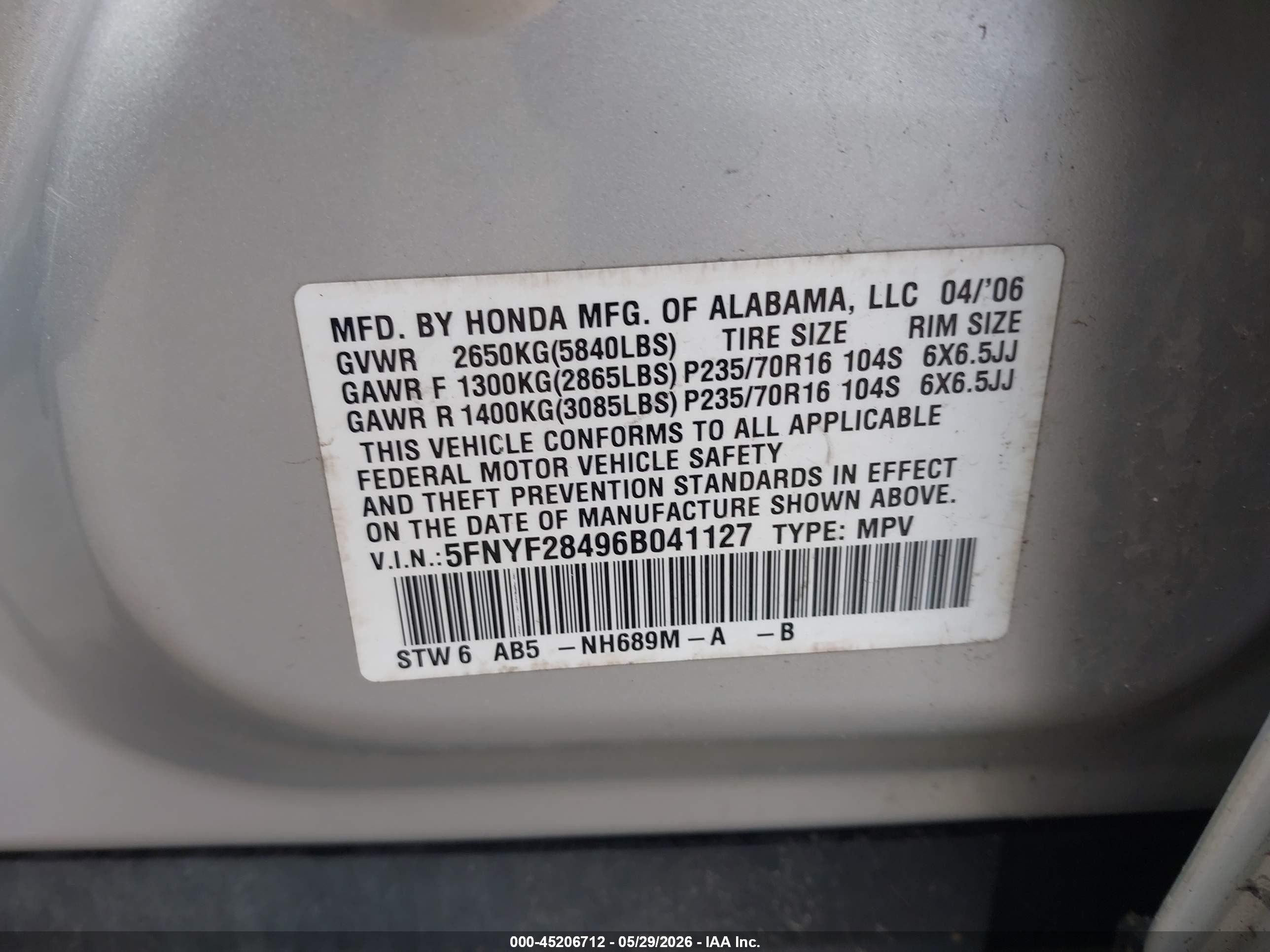 2006 Honda Pilot Ex Silver vin: 5FNYF28496B041127