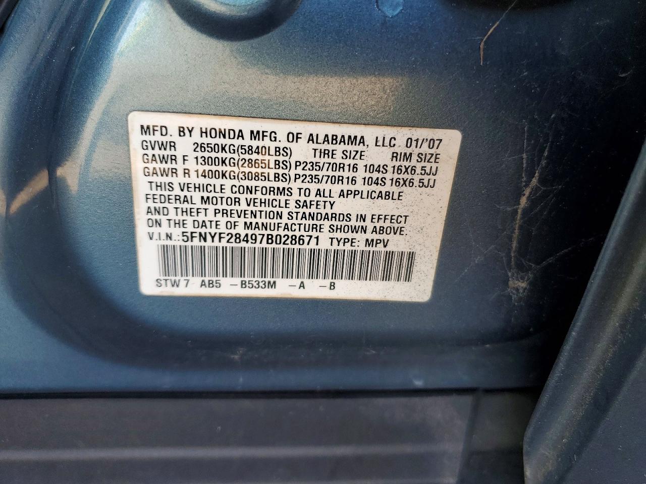 2007 Honda Pilot Ex Blue vin: 5FNYF28497B028671