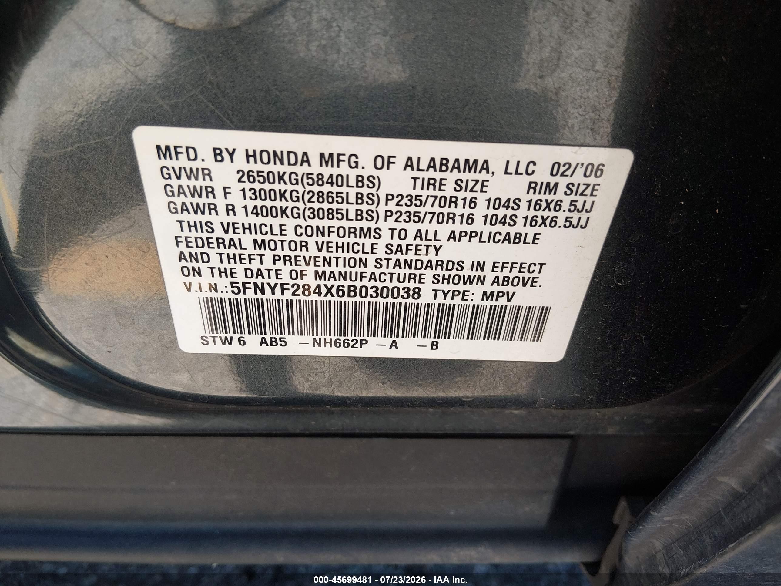 2006 Honda Pilot Ex Gray vin: 5FNYF284X6B030038