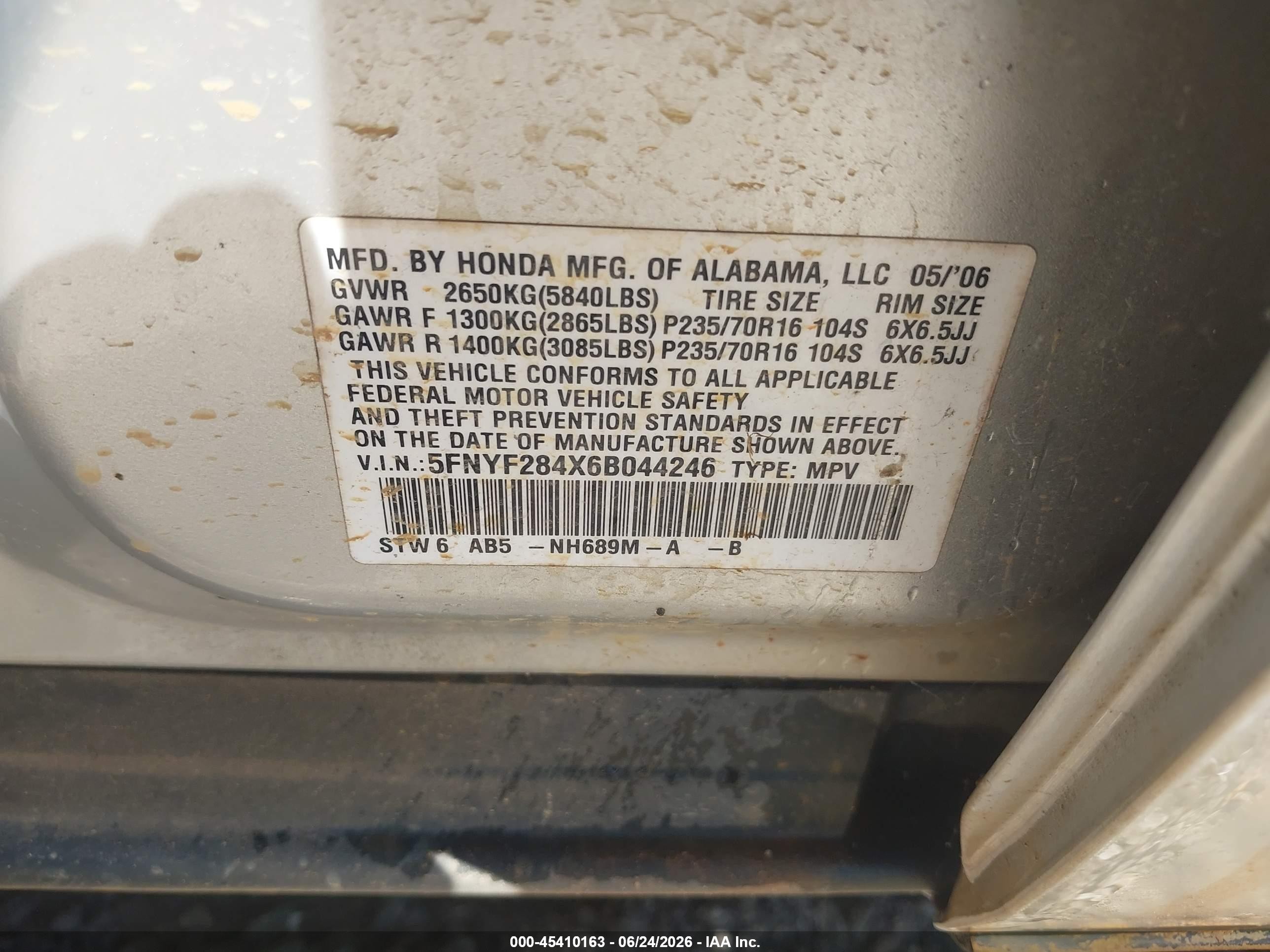 2006 Honda Pilot Ex Silver vin: 5FNYF284X6B044246