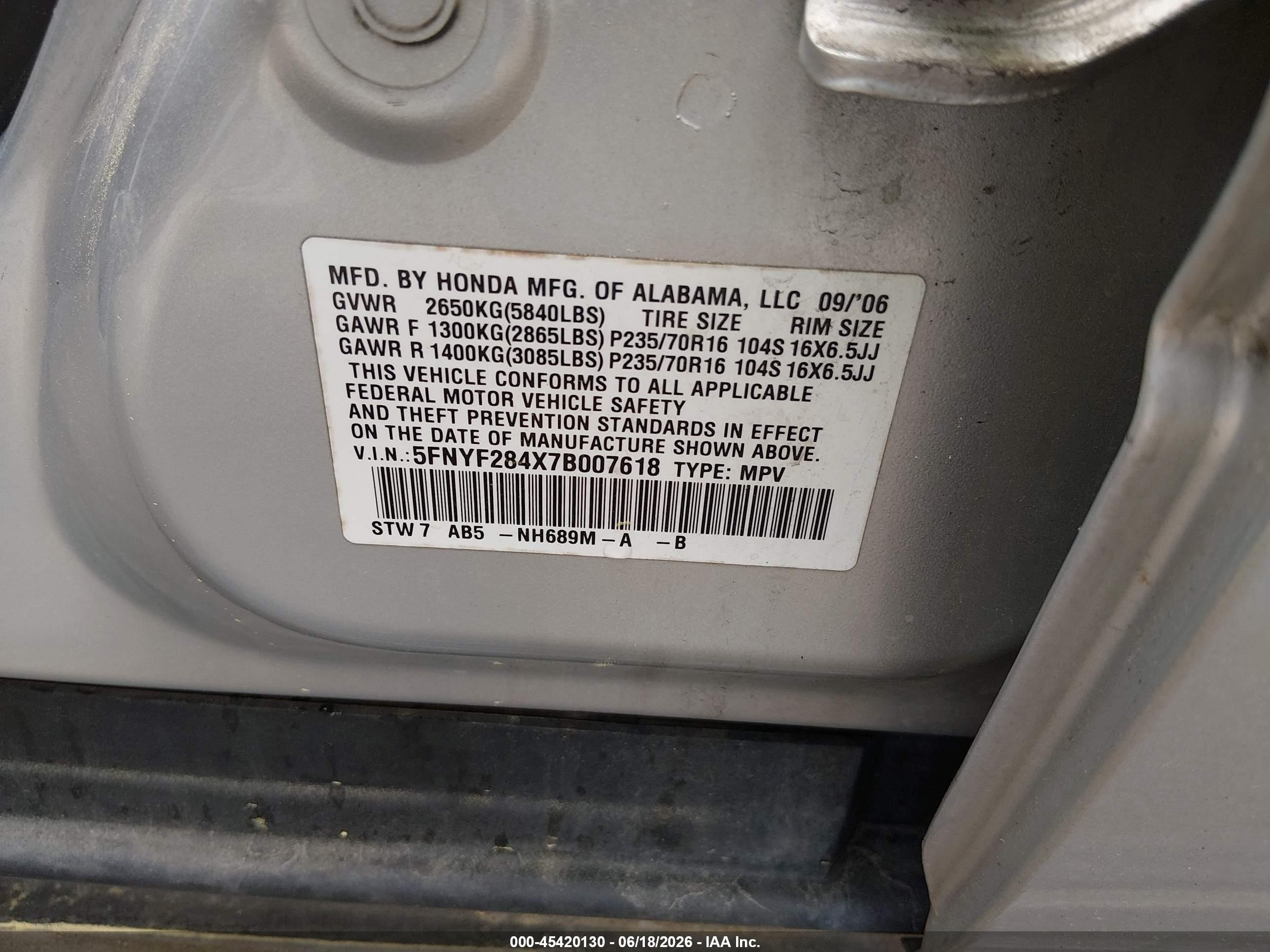 2007 Honda Pilot Ex Silver vin: 5FNYF284X7B007618