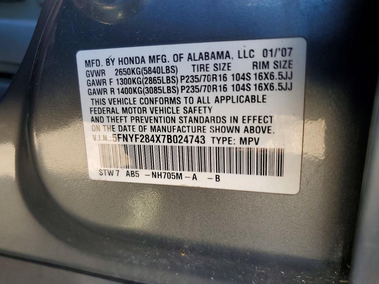 2007 Honda Pilot Ex Gray vin: 5FNYF284X7B024743