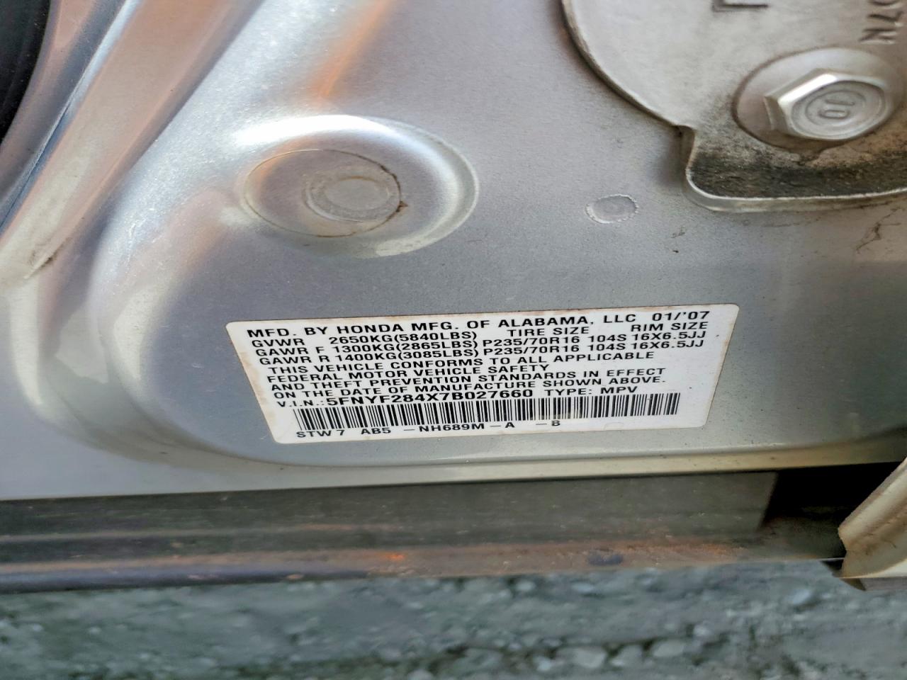 2007 Honda Pilot Ex Gray vin: 5FNYF284X7B027660