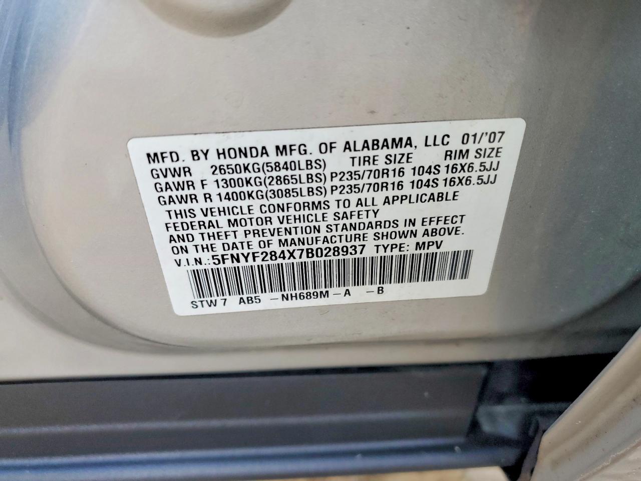 2007 Honda Pilot Ex Silver vin: 5FNYF284X7B028937