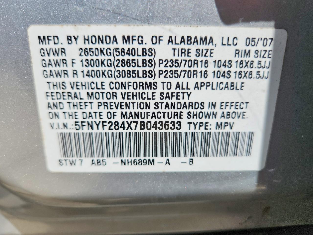 2007 Honda Pilot Ex Gray vin: 5FNYF284X7B043633