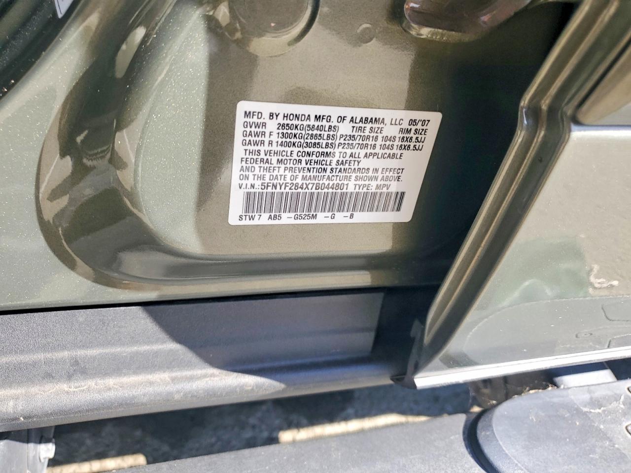 2007 Honda Pilot Ex Green vin: 5FNYF284X7B044801
