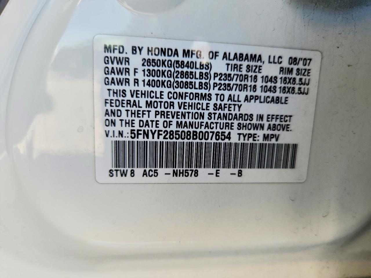 2008 Honda Pilot Exl White vin: 5FNYF28508B007654