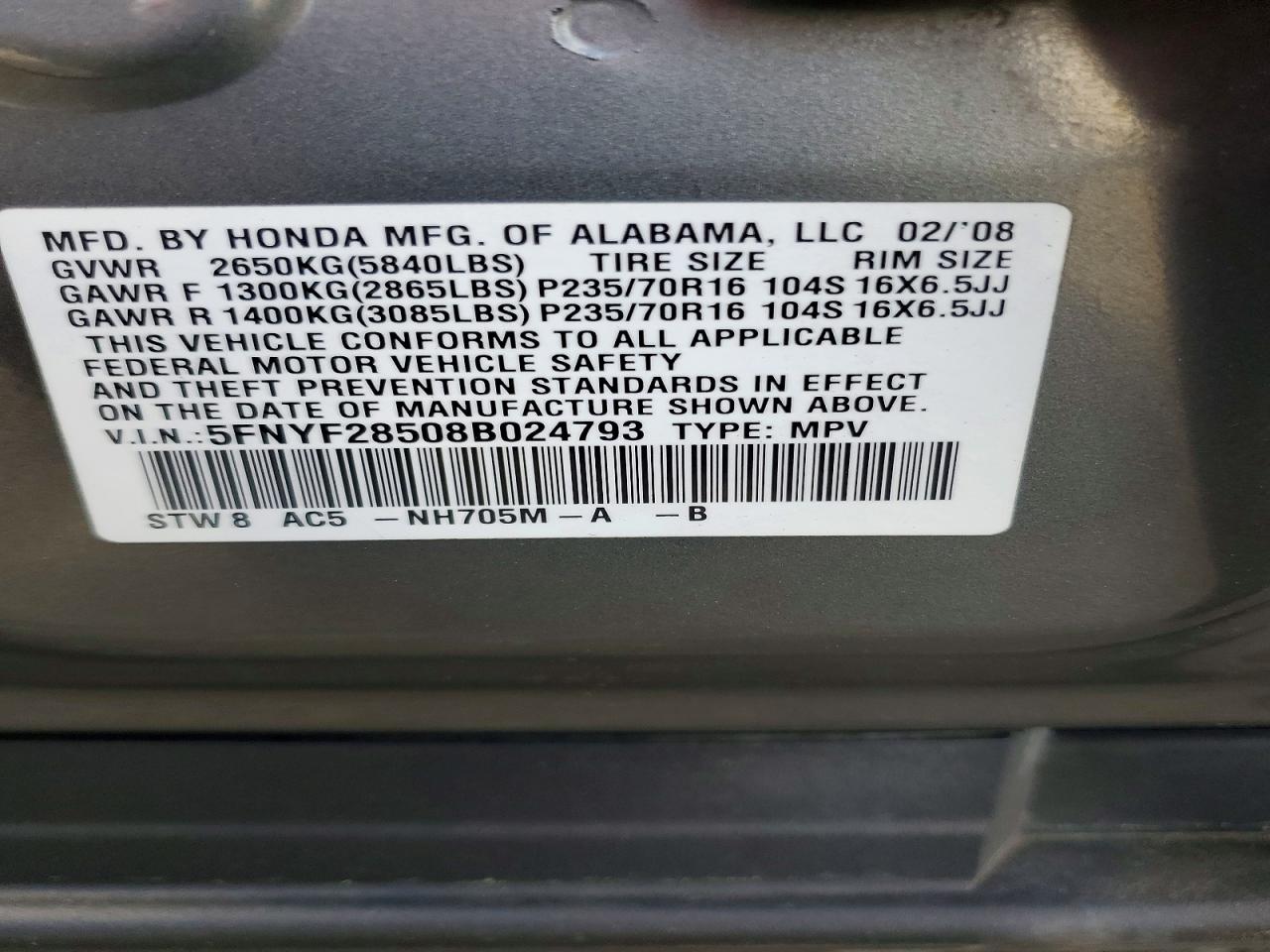 2008 Honda Pilot Exl Gray vin: 5FNYF28508B024793