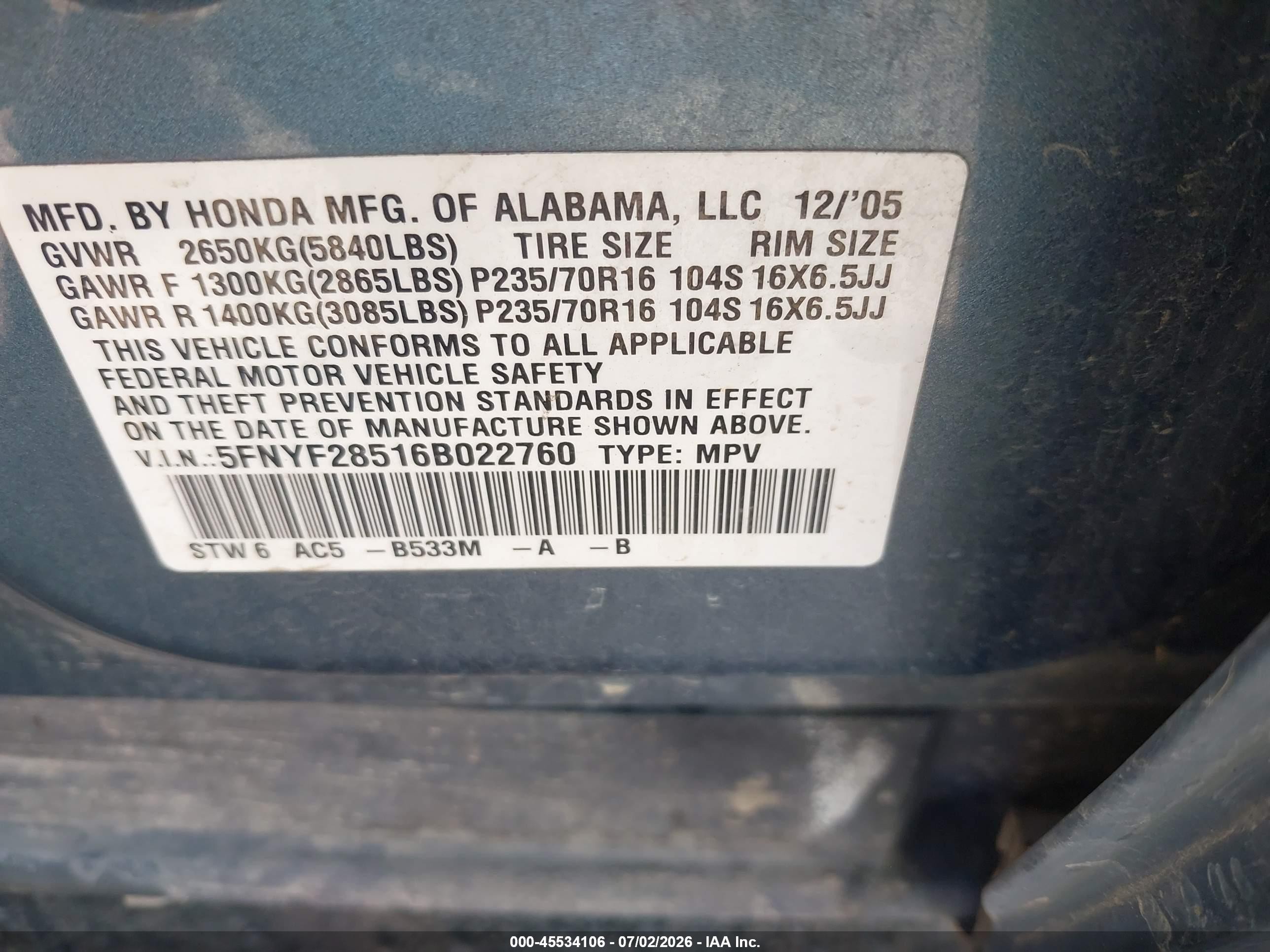2006 Honda Pilot Ex-l Blue vin: 5FNYF28516B022760