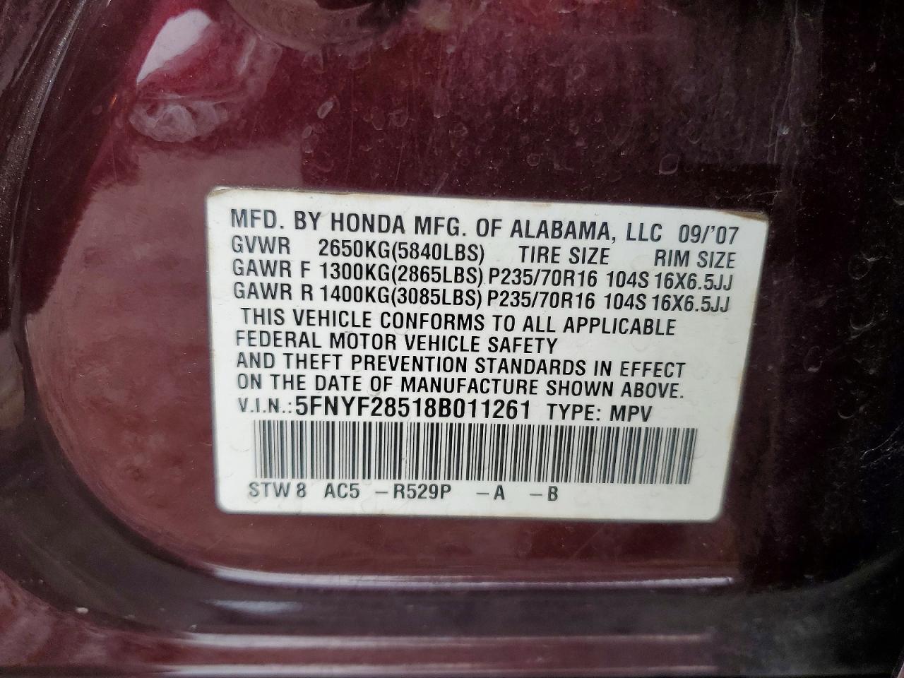 2008 Honda Pilot Exl Maroon vin: 5FNYF28518B011261