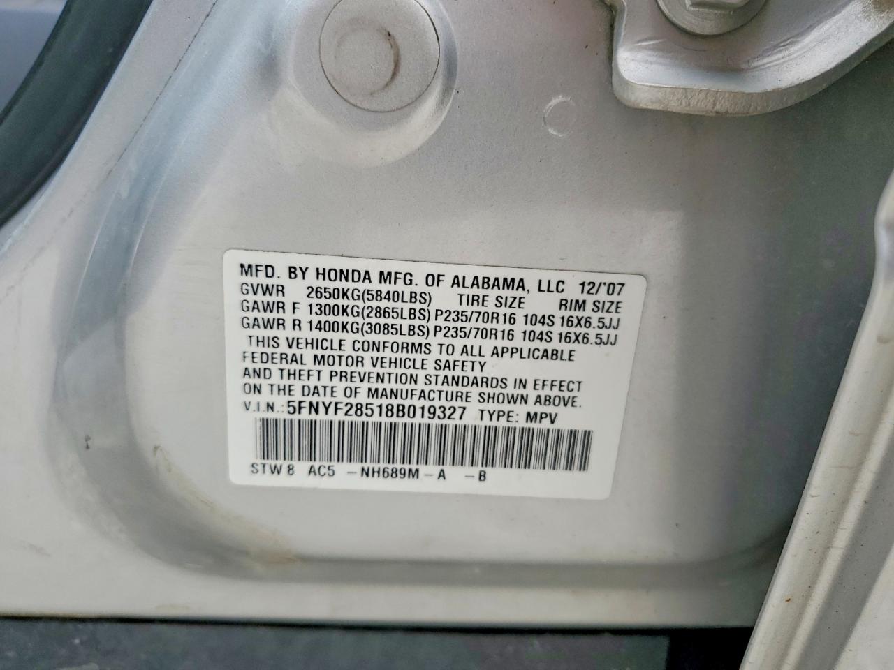 2008 Honda Pilot Exl Silver vin: 5FNYF28518B019327