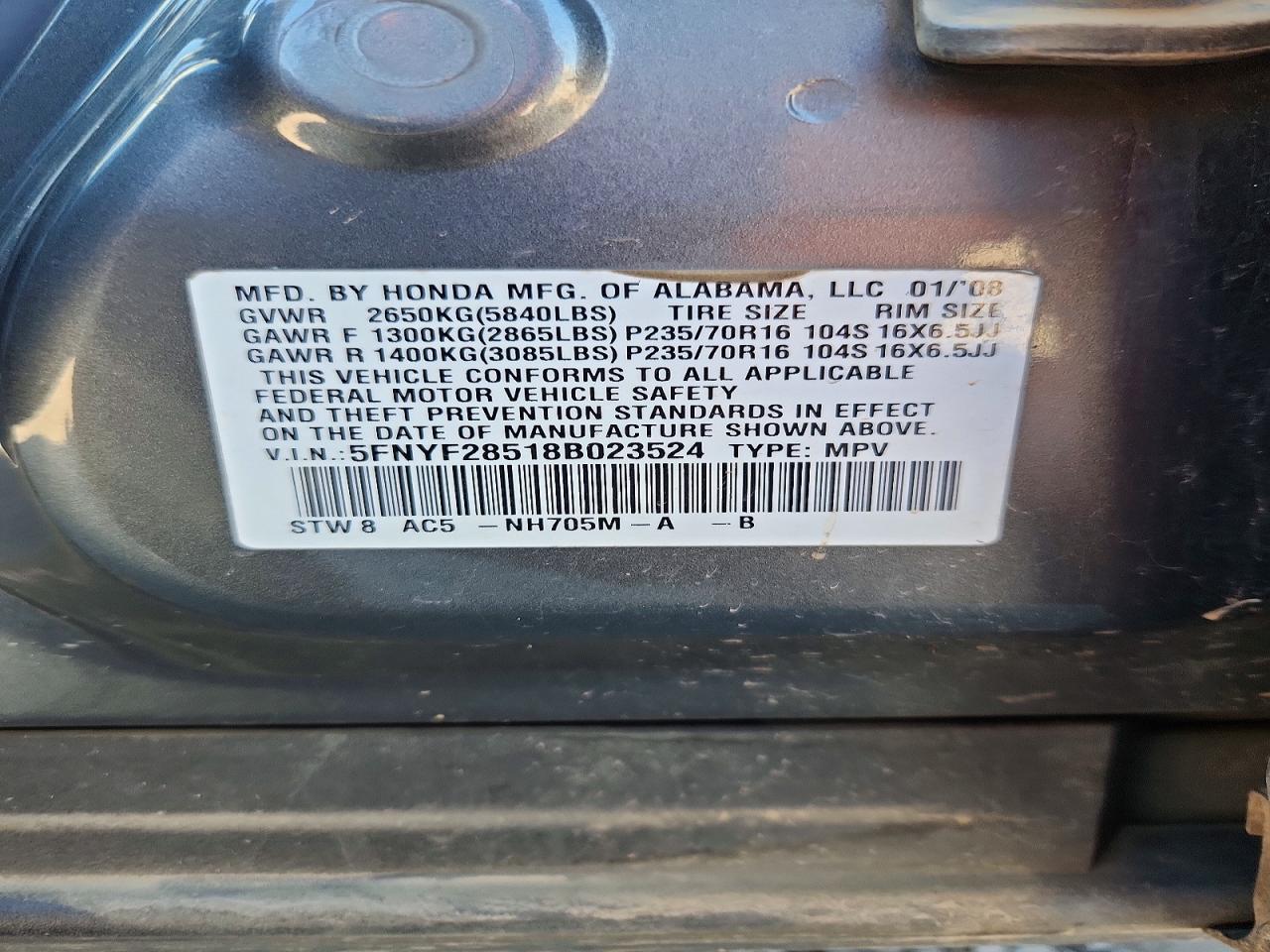 2008 Honda Pilot Exl Gray vin: 5FNYF28518B023524