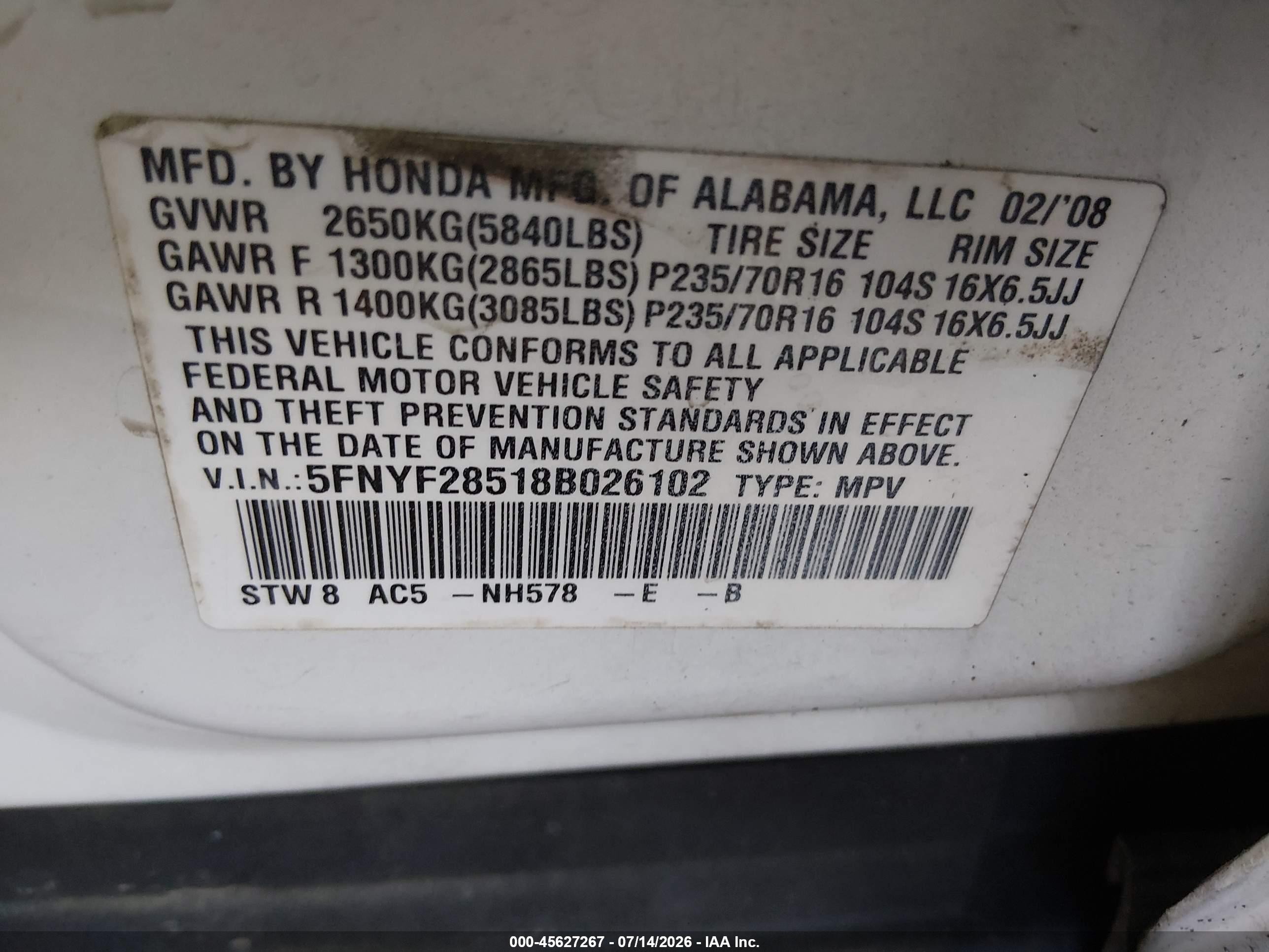 2008 Honda Pilot Ex-l White vin: 5FNYF28518B026102