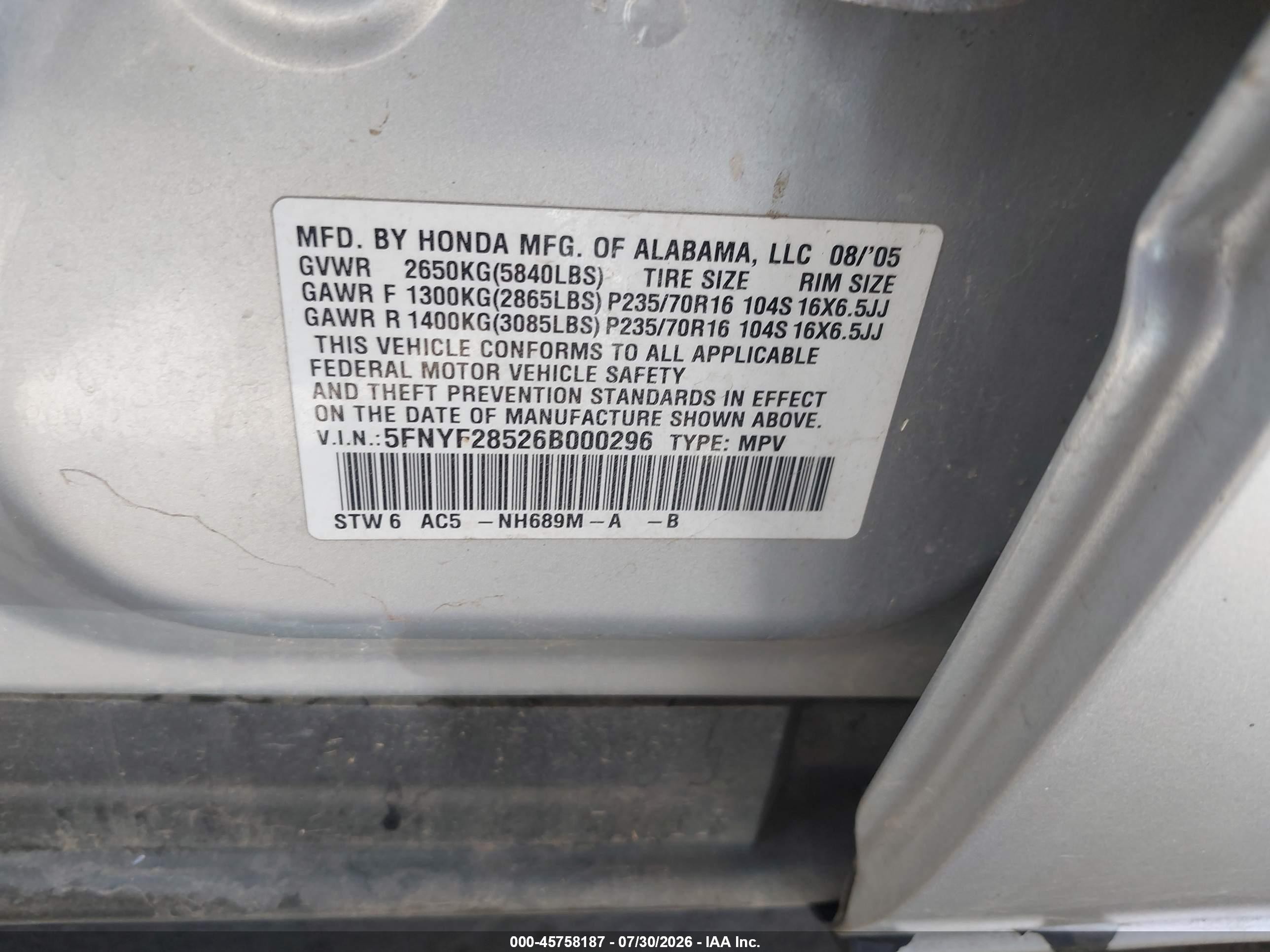 2006 Honda Pilot Ex Silver vin: 5FNYF28526B000296