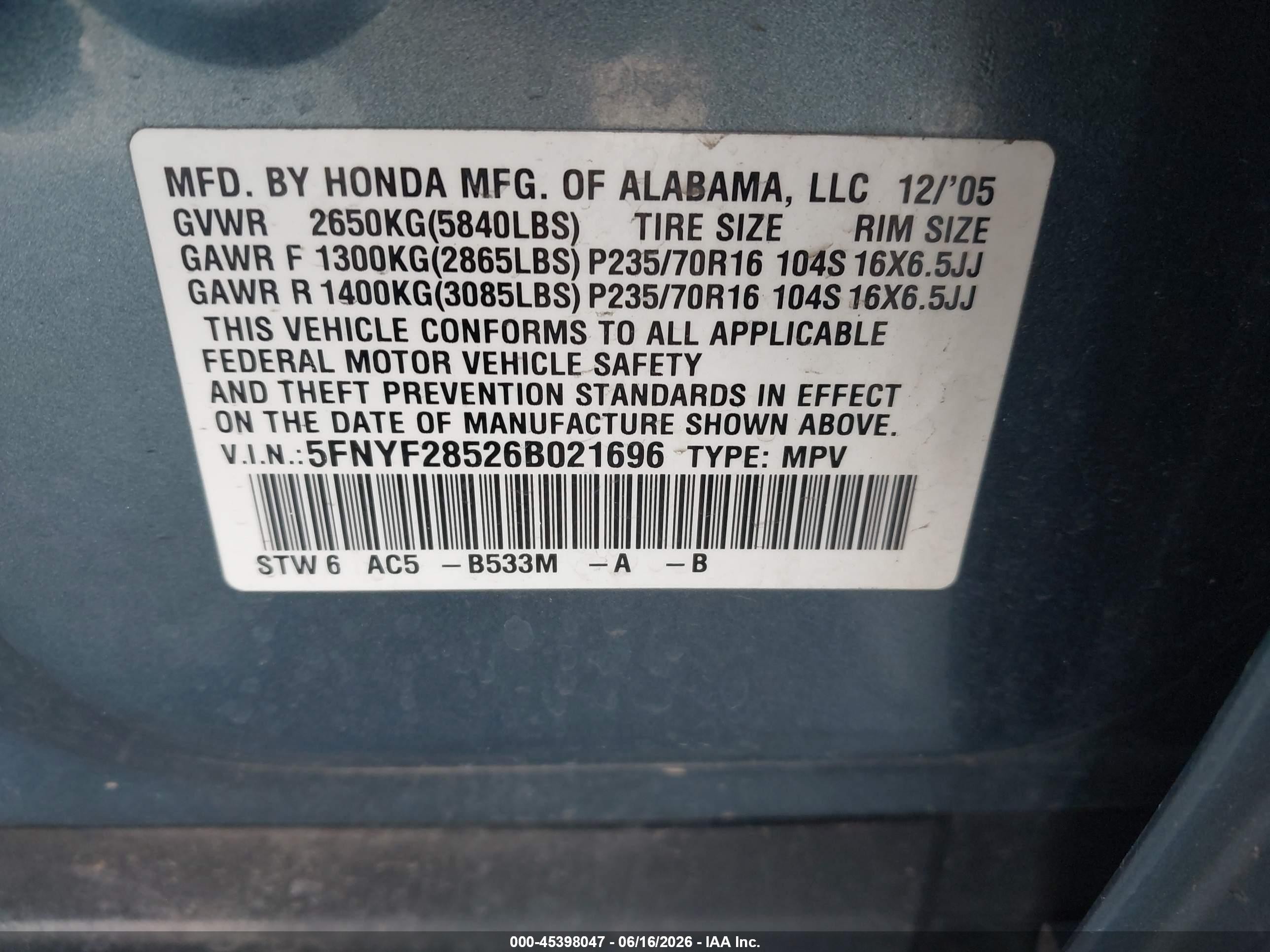 2006 Honda Pilot Ex-l Blue vin: 5FNYF28526B021696