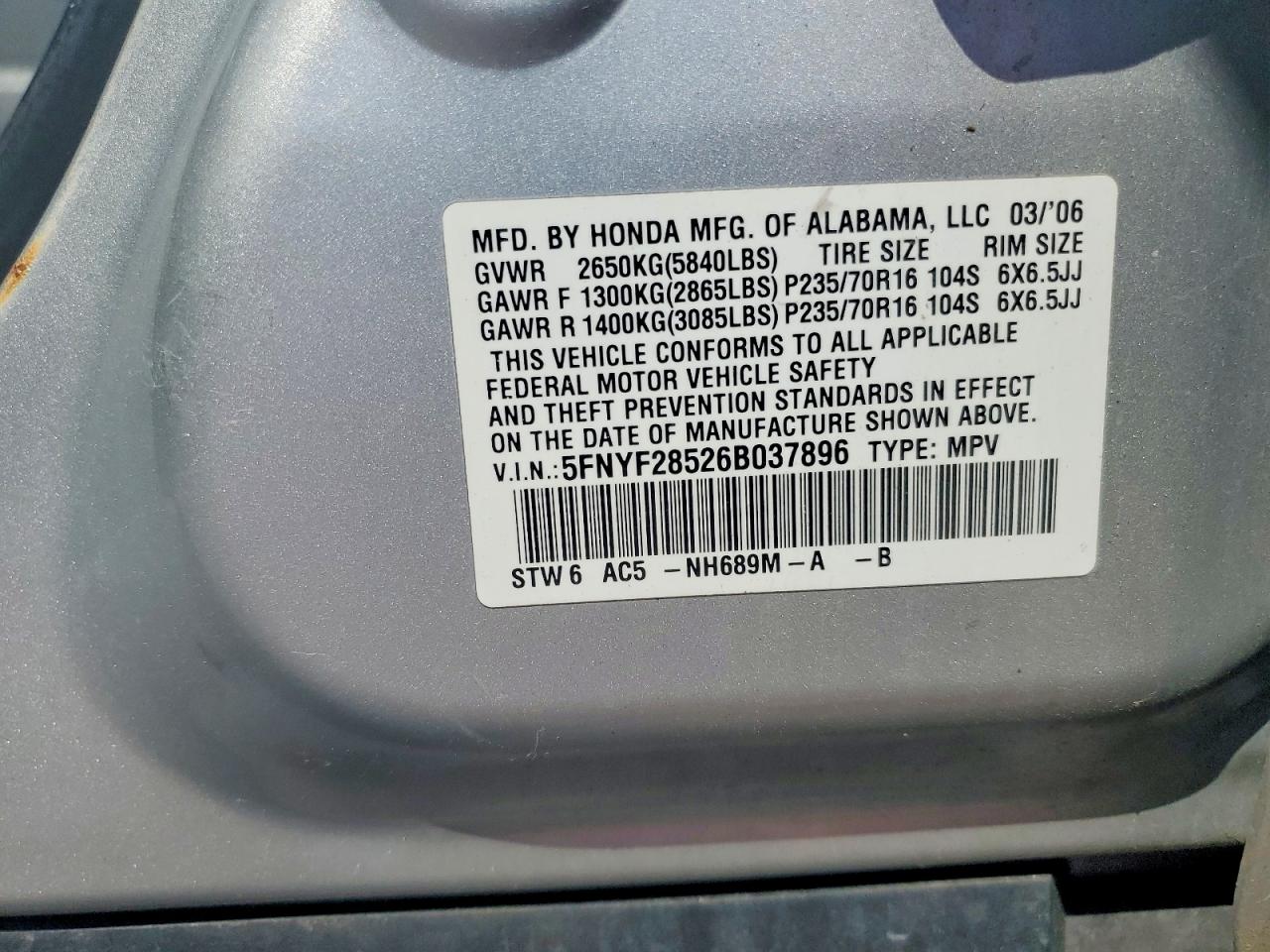 2006 Honda Pilot Silver vin: 5FNYF28526B037896