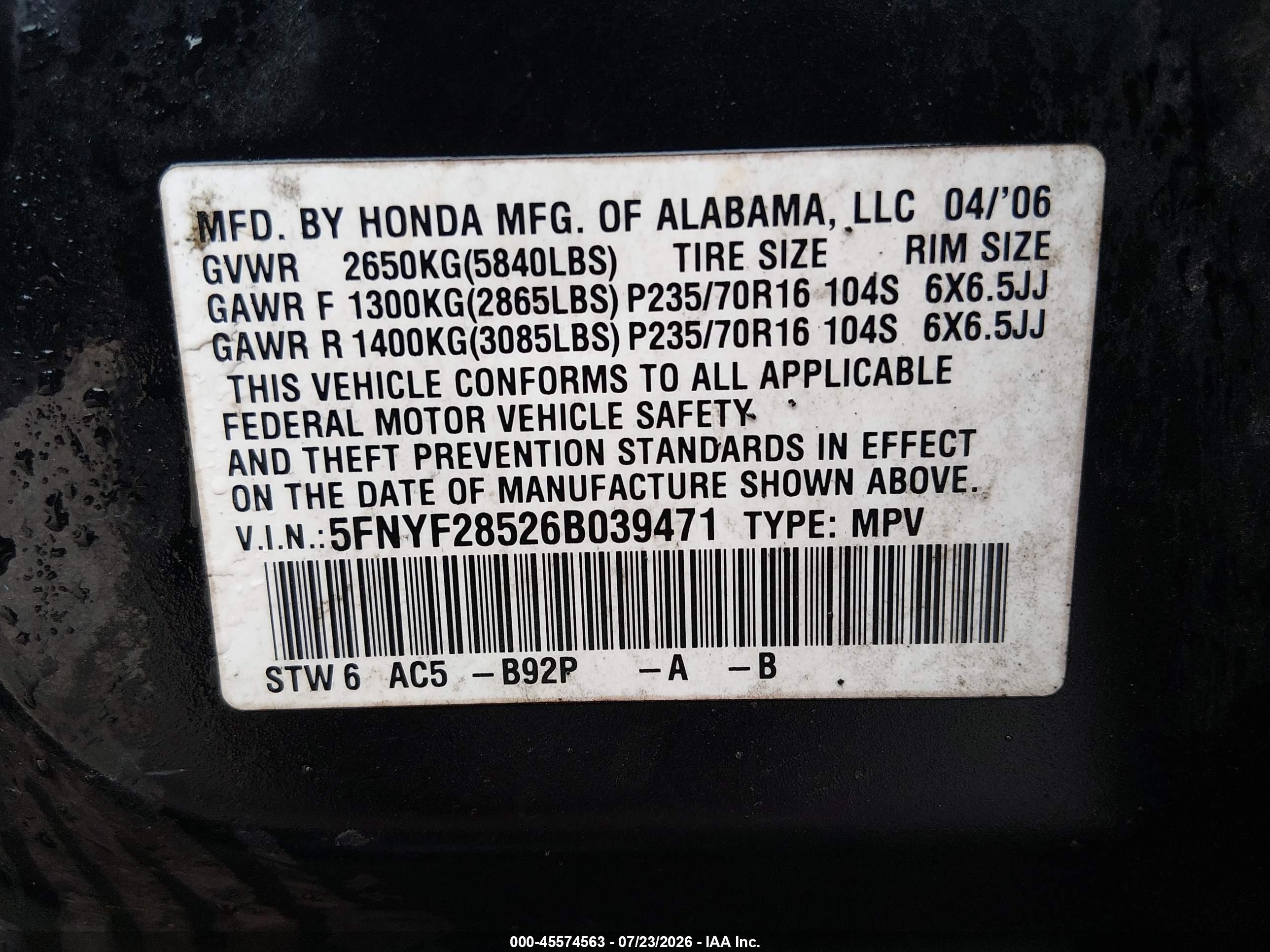 2006 Honda Pilot Ex-l Black vin: 5FNYF28526B039471
