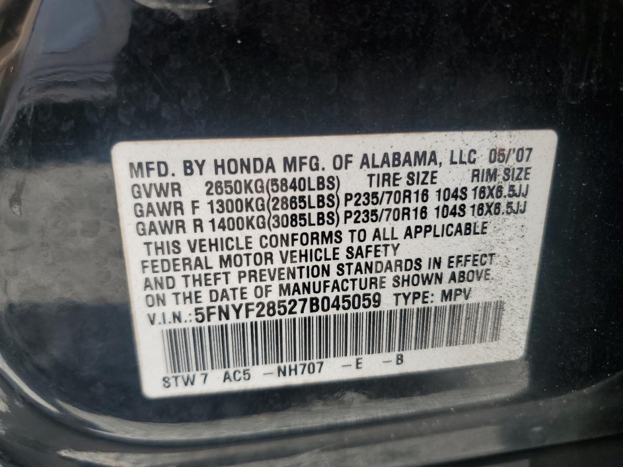 2007 Honda Pilot Exl Black vin: 5FNYF28527B045059