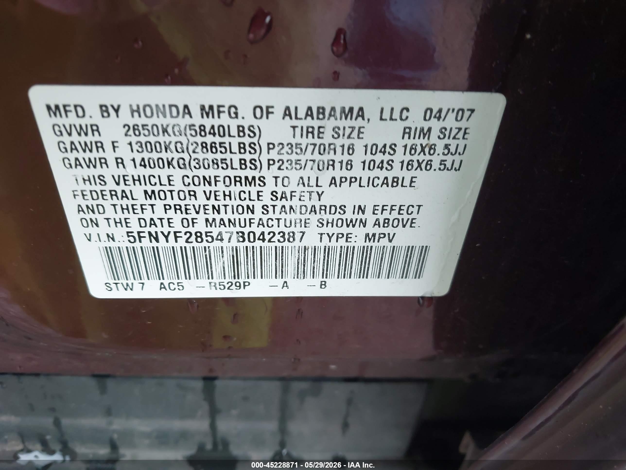 2007 Honda Pilot Ex-l Purple vin: 5FNYF28547B042387