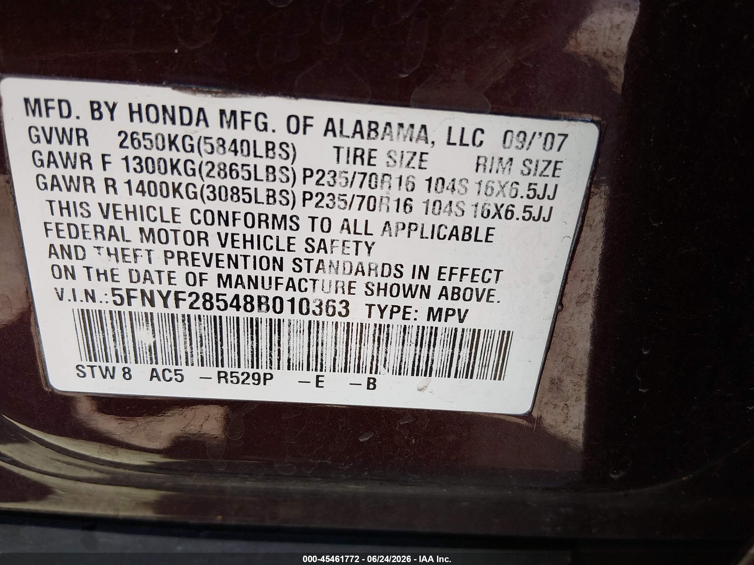 2008 Honda Pilot Ex-l Burgundy vin: 5FNYF28548B010363