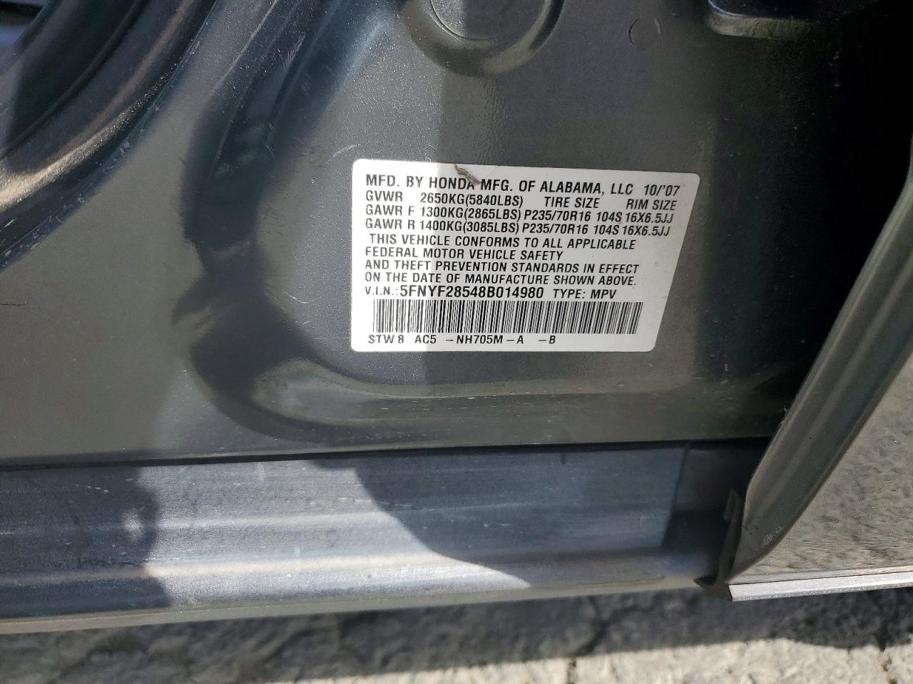 2008 Honda Pilot Exl Gray vin: 5FNYF28548B014980