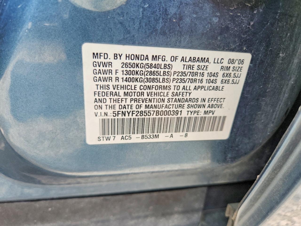 2007 Honda Pilot Exl Teal vin: 5FNYF28557B000391