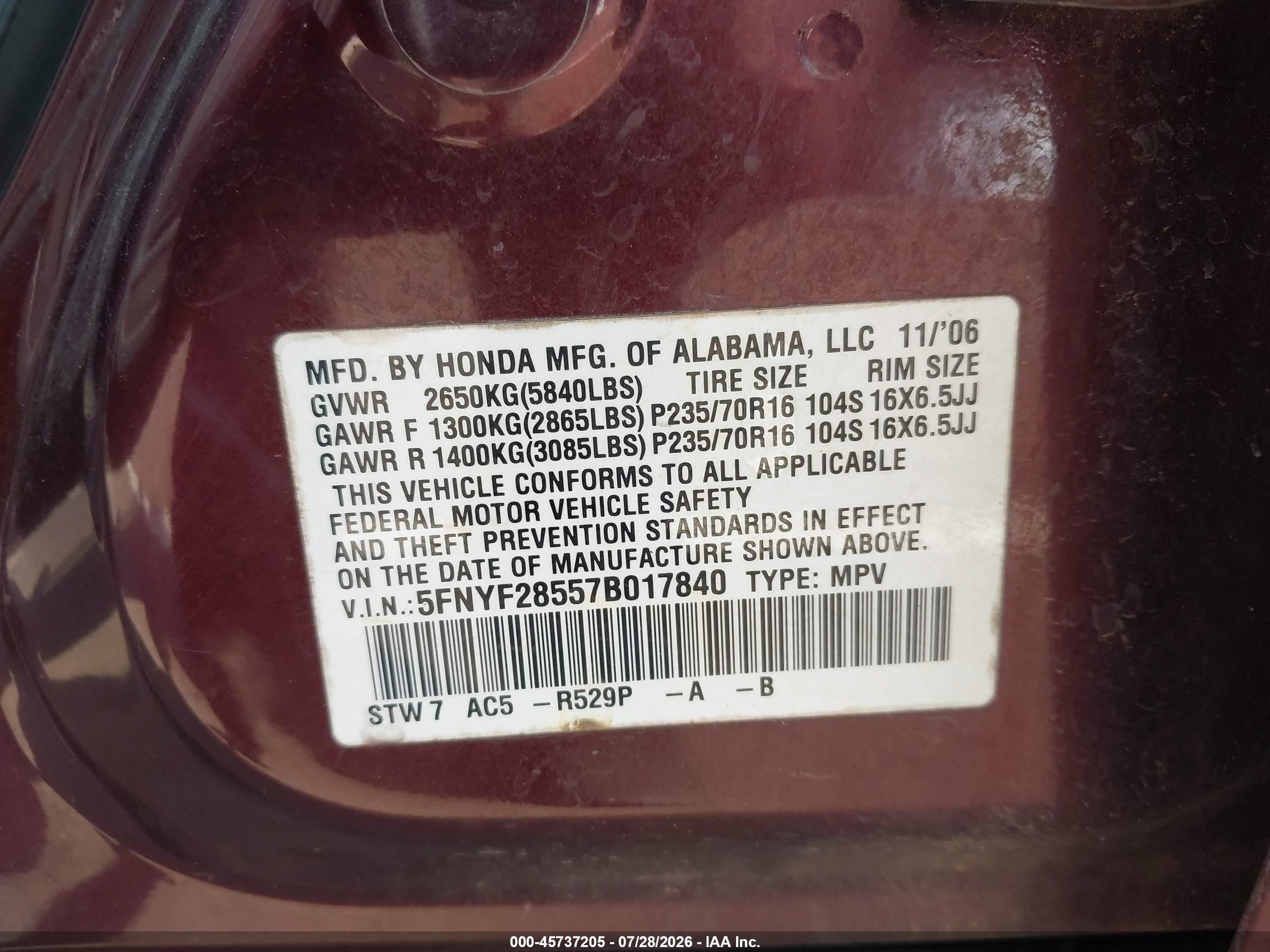 2007 Honda Pilot Ex-l Purple vin: 5FNYF28557B017840