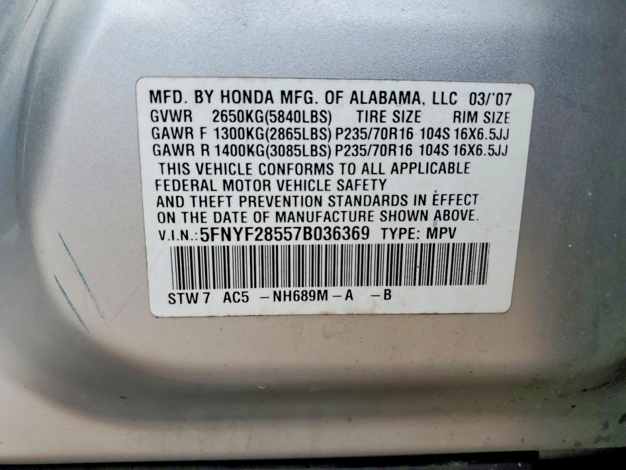 2007 Honda Pilot Exl Silver vin: 5FNYF28557B036369