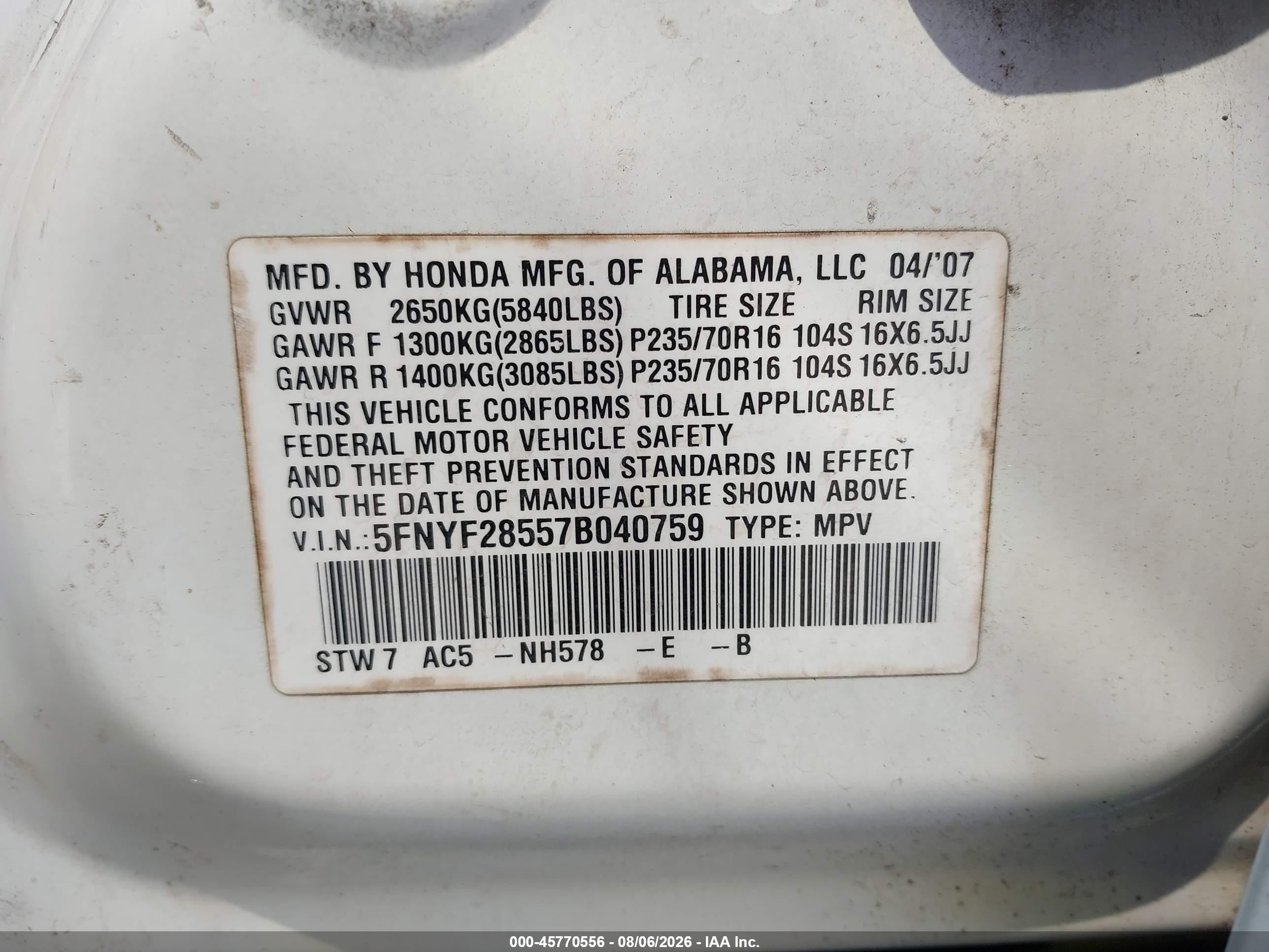 2007 Honda Pilot Ex-l White vin: 5FNYF28557B040759
