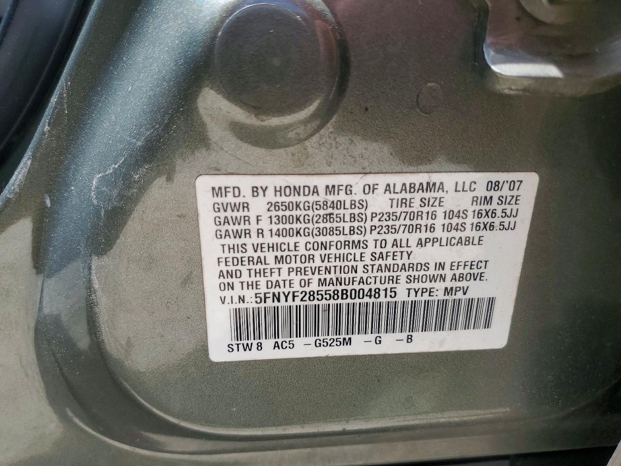 2008 Honda Pilot Exl Gray vin: 5FNYF28558B004815