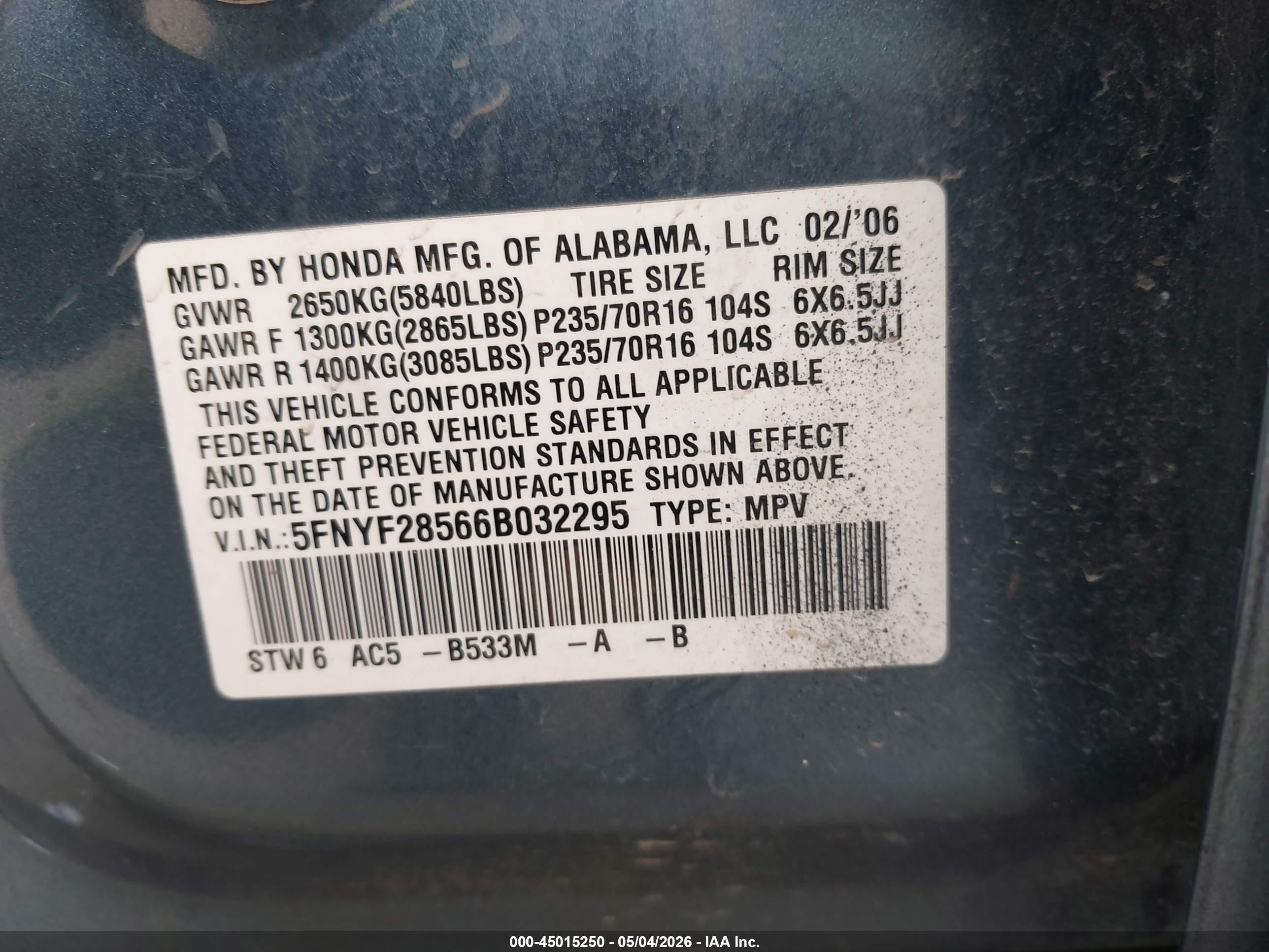2006 Honda Pilot Ex-l Blue vin: 5FNYF28566B032295