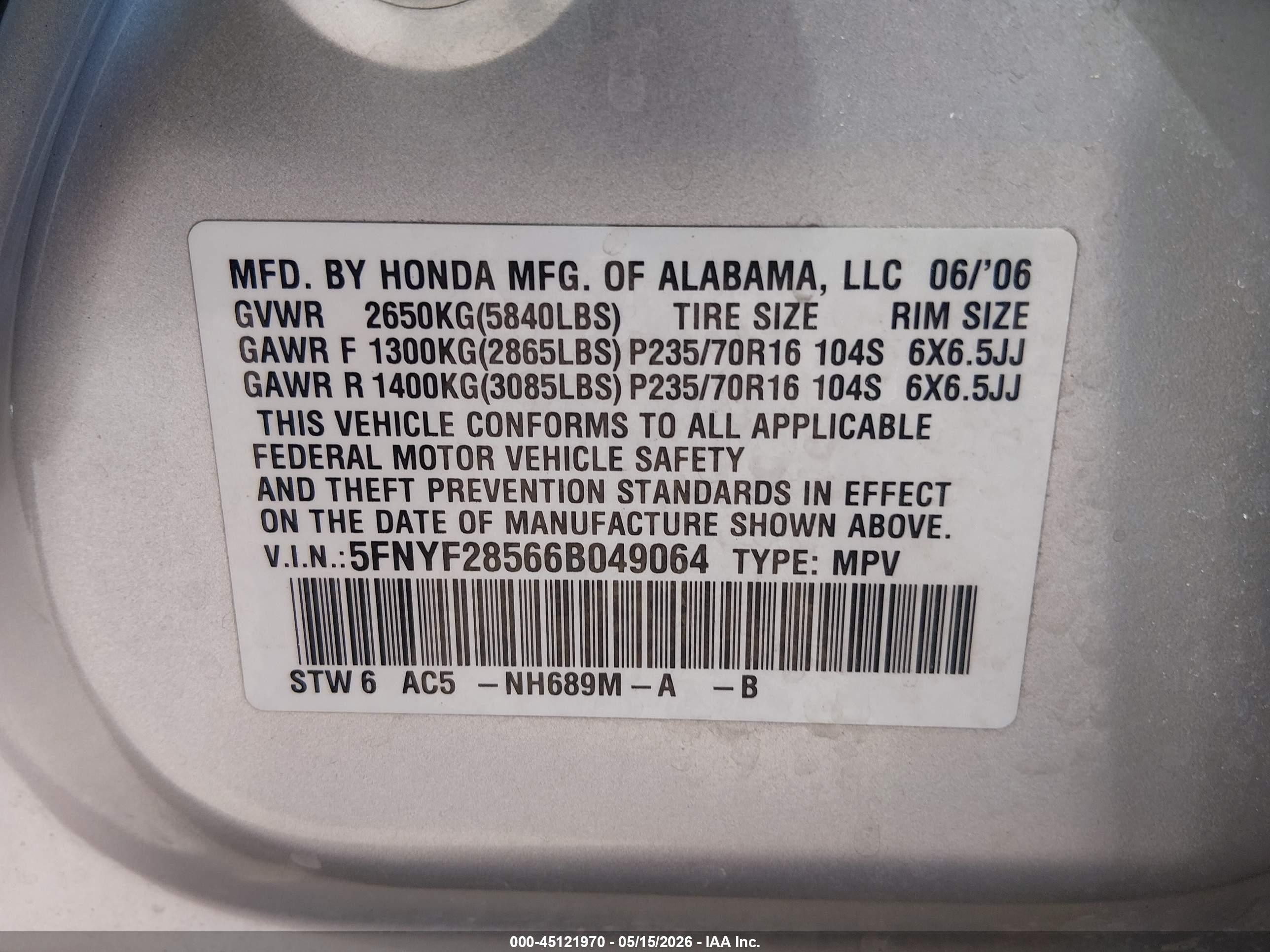 2006 Honda Pilot Ex-l Silver vin: 5FNYF28566B049064