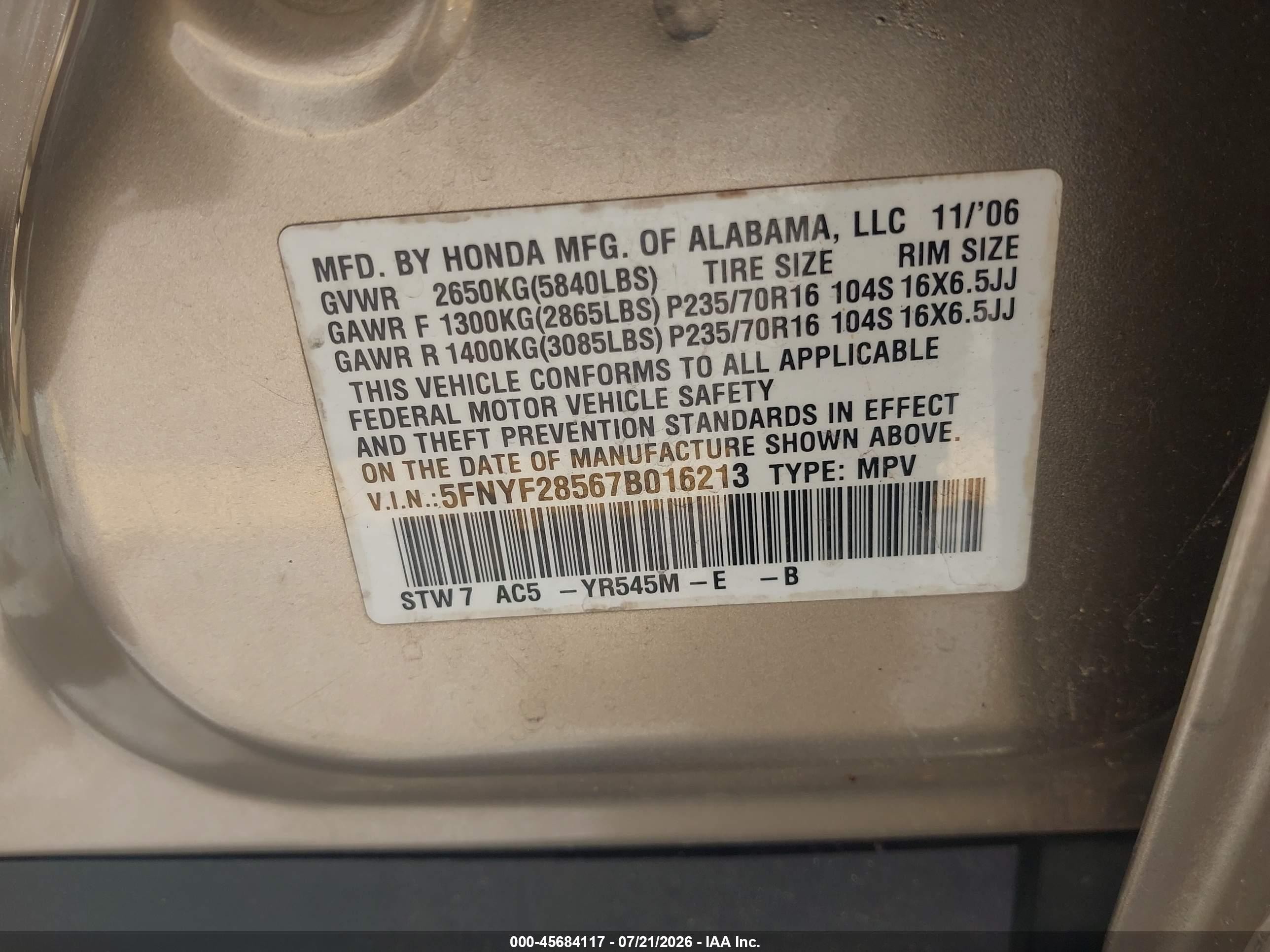 2007 Honda Pilot Ex-l Gold vin: 5FNYF28567B016213