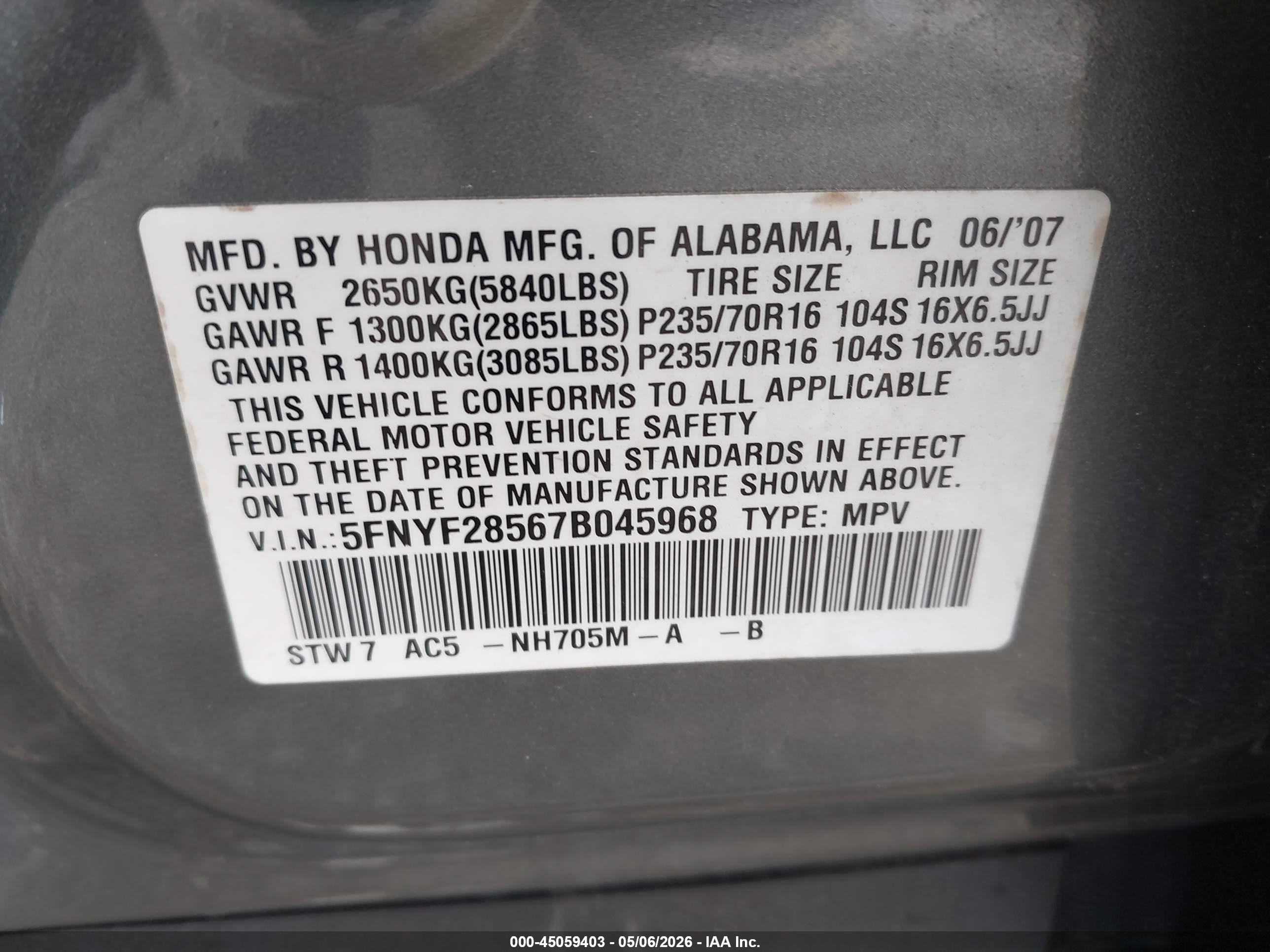 2007 Honda Pilot Ex-l Gray vin: 5FNYF28567B045968