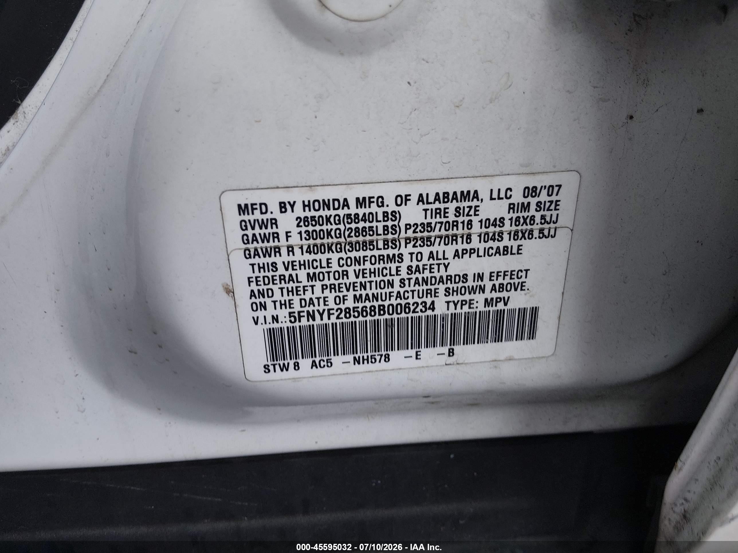 2008 Honda Pilot Ex-l Белый vin: 5FNYF28568B006234