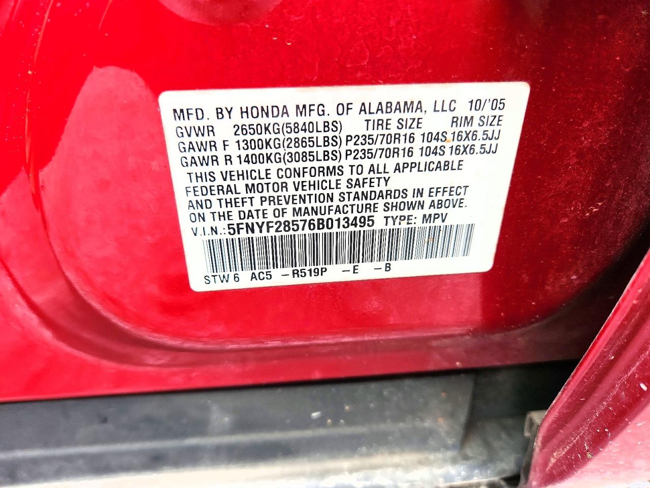 2006 Honda Pilot Ex Red vin: 5FNYF28576B013495