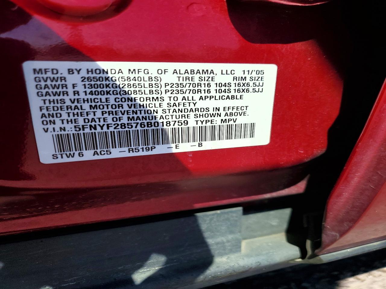 2006 Honda Pilot Ex Red vin: 5FNYF28576B018759